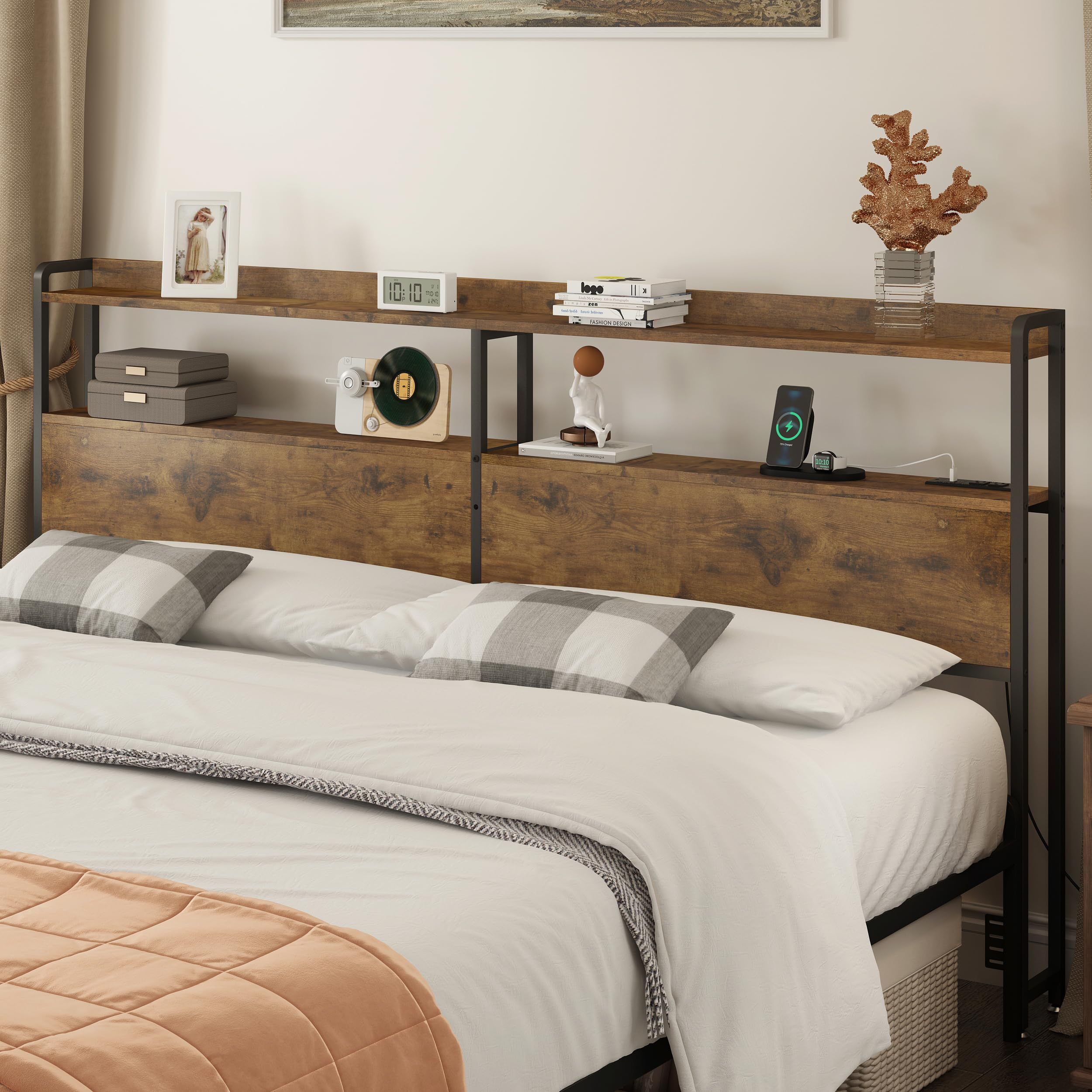Cabecera ajustable tamaño King con tomas, puertos USB, tipo C, luces LED y almacenamiento, color marrón rústico, cabecera resistente para mayor comodidad y funcionalidad, tamaño King