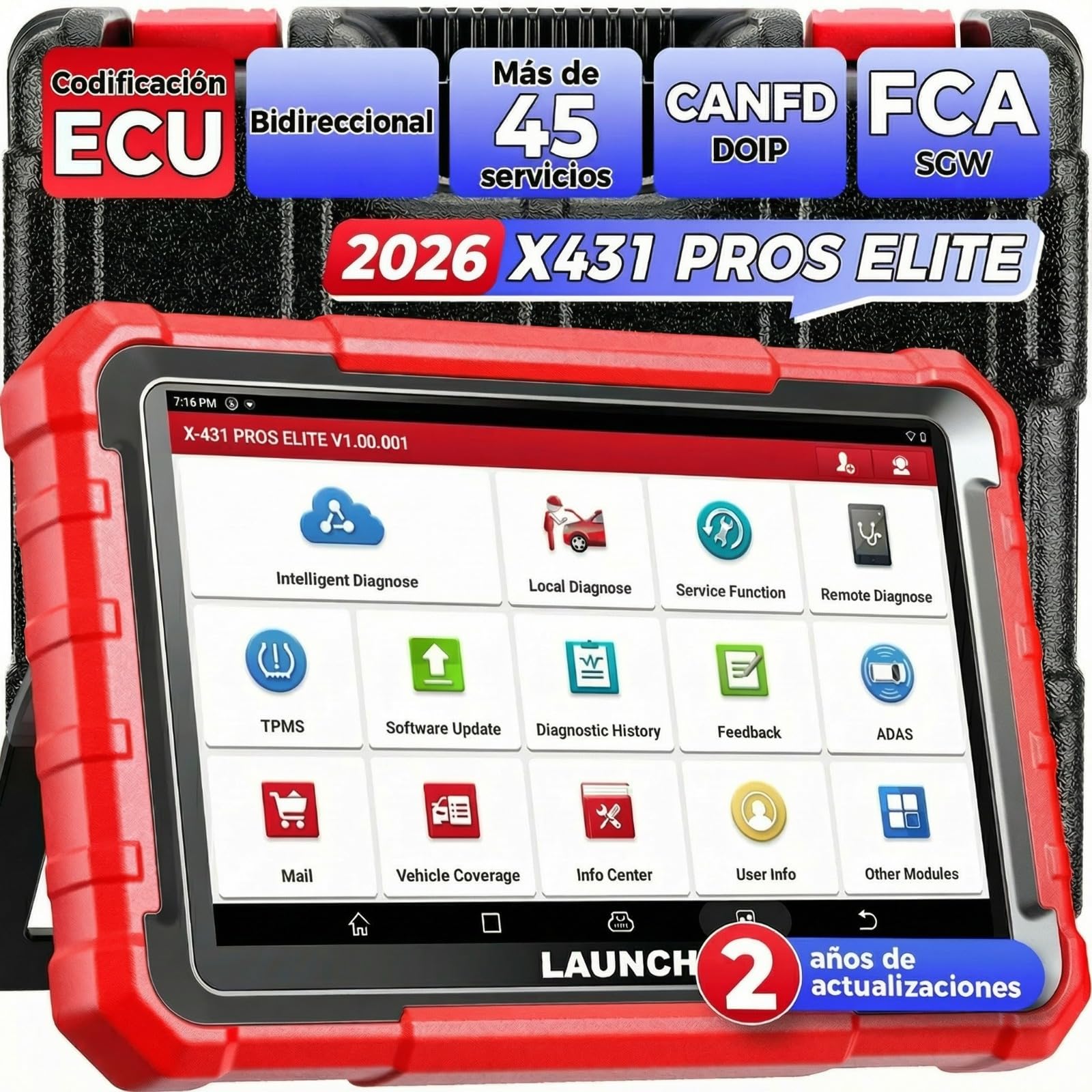 Launch X431 Pros Elite obd2 Diagnosis Coche Multimarca, Bi-Direccional Maquina Diagnosis Coche Scanner,Codificación ECU, Función Guiada VAG, CANFD & DOIP, 45+ Reset, Todo el Sistema, Pruebas Activas