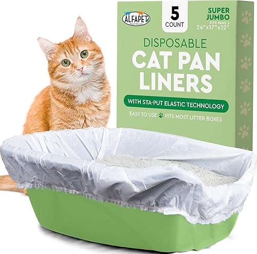 Alfapet Kitty Cat - Caja de arena desechable, forro elástico, paquete de 5 unidades para sartenes de arena extra gigantes, jumbo, súper jumbo, con