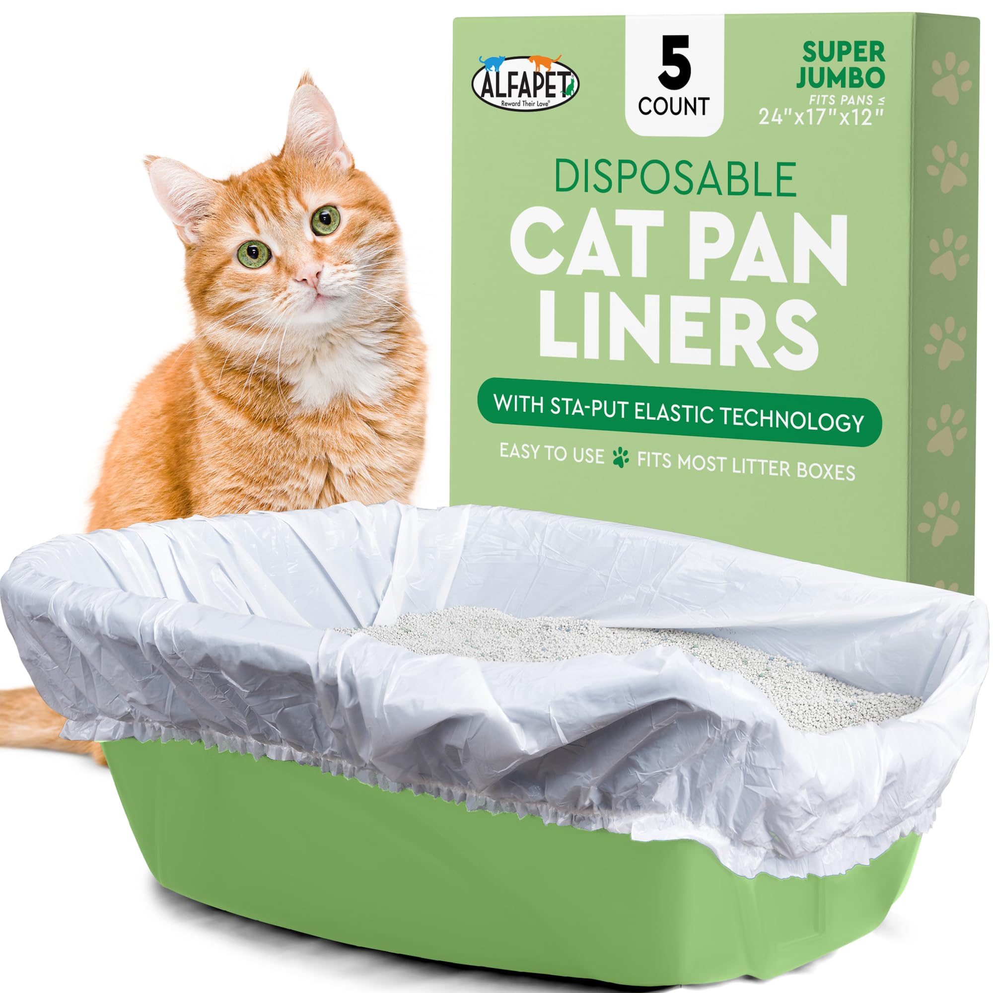 Alfapet Kitty Cat Pan Litter Box Liners-5-Pack-For Extra-Giant, jumbo, super-jumbo Size litter Pans- With Sta-Put Technology for Firm, Easy Fit- Quick + Clever Waste Cleaners… (5 count)
