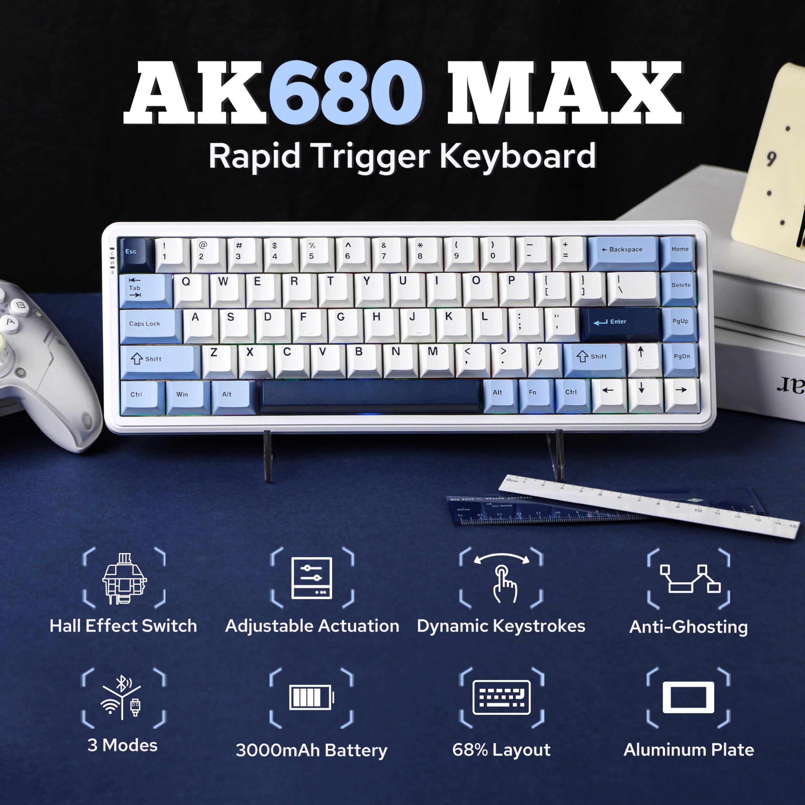 MechLands AK680 MAX 3 modalità Wireless Gaming Keyboard, frequenza di polling 8K, Rapid Trigger Magnetic Keyboard con interruttore effetto hall, struttura top, RGB (bianco)