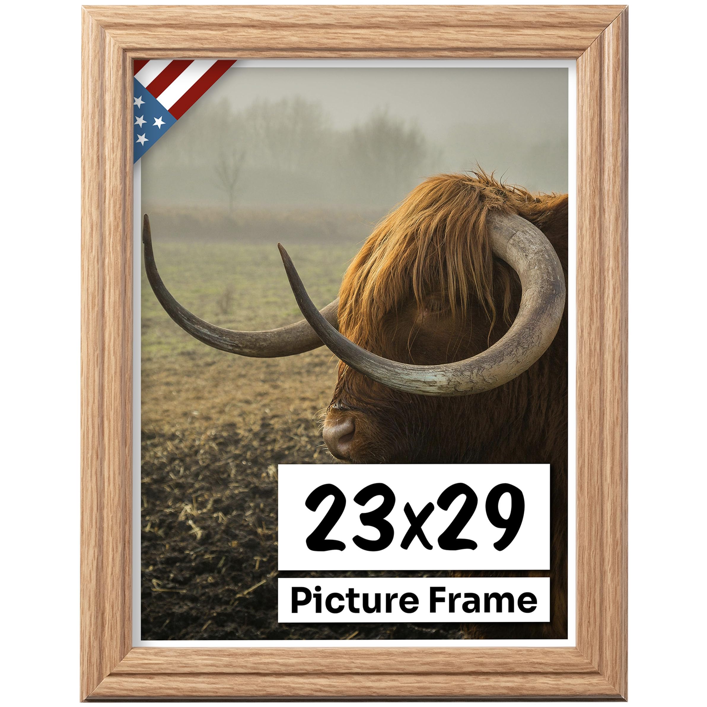 US Art Oak 23x29 Picture Frame .75" Inch Wide - Faux Oak Decor Handmade Solid Wood Frames with Preinstalled Hangers and UV Blocking Plexiglass 29x23