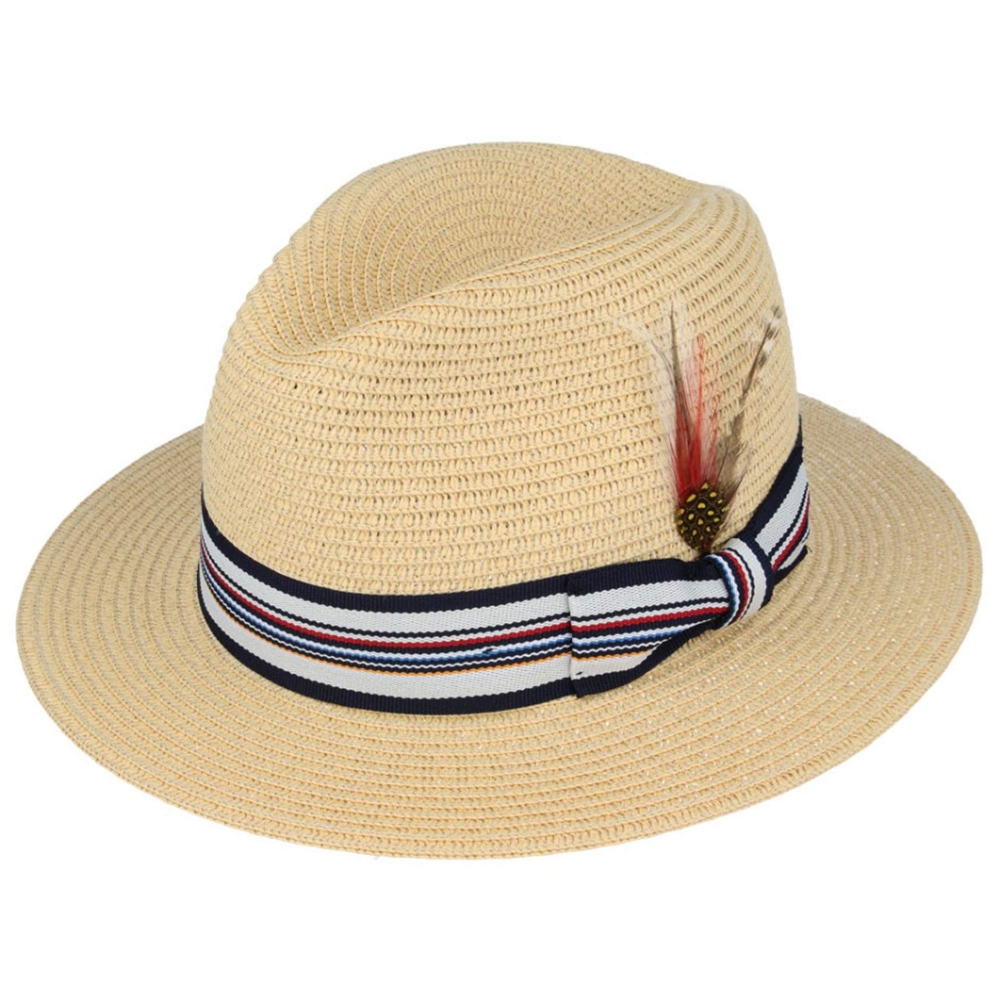 Maz Straw Summer Panama Fedora Packable Trilby Hat with Stripey Band and Adjustable Sweatband (Beige, Large(59cm))