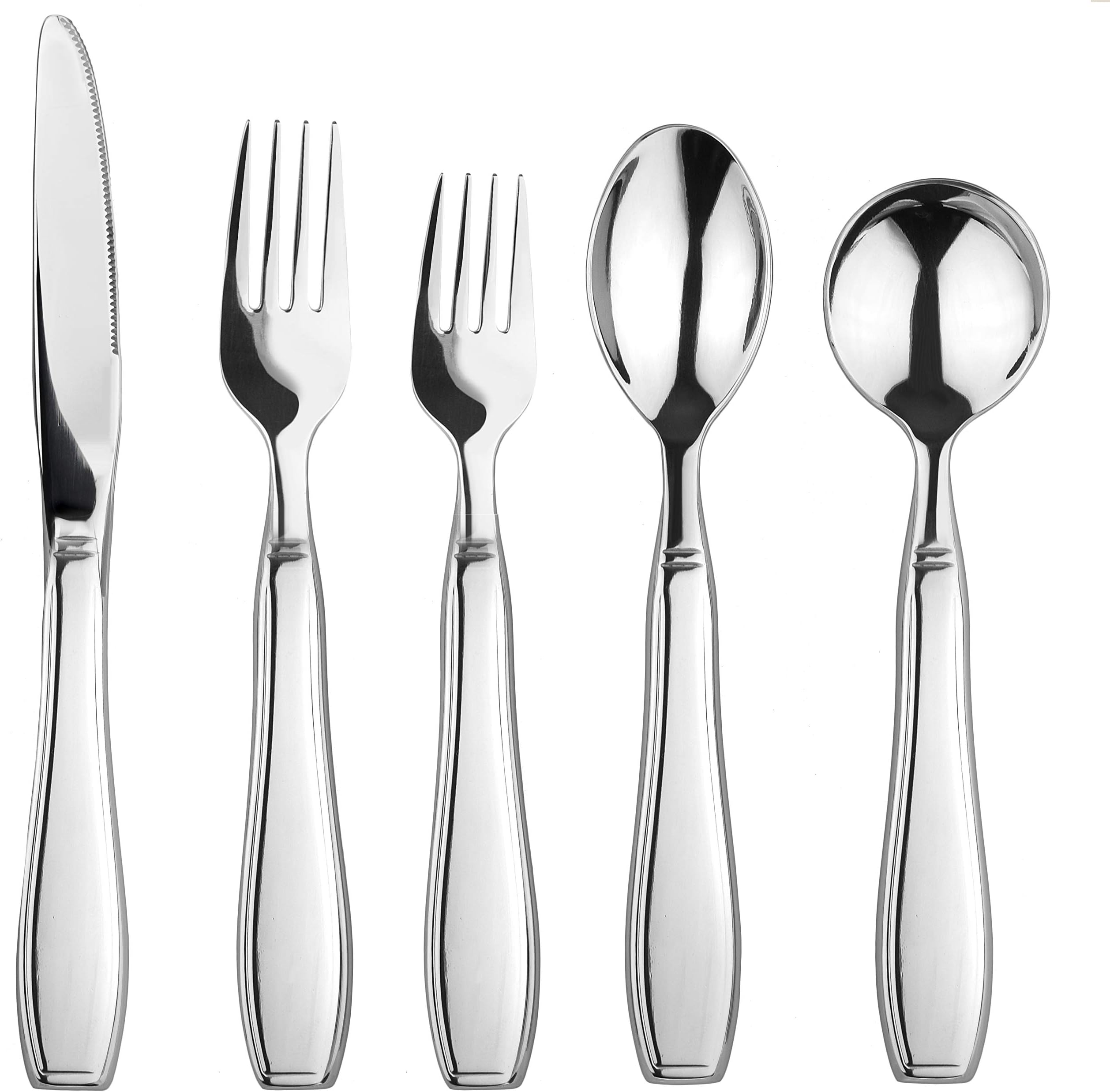 Weighted Utensils for Tremors and Parkinsons - 5 Piece Heavy Weight Steel Silverware Set of Knife, 2 Forks, Teaspoon and Soup Spoon - Adaptive Eating Flatware Helps Hand Tremor, Parkinson