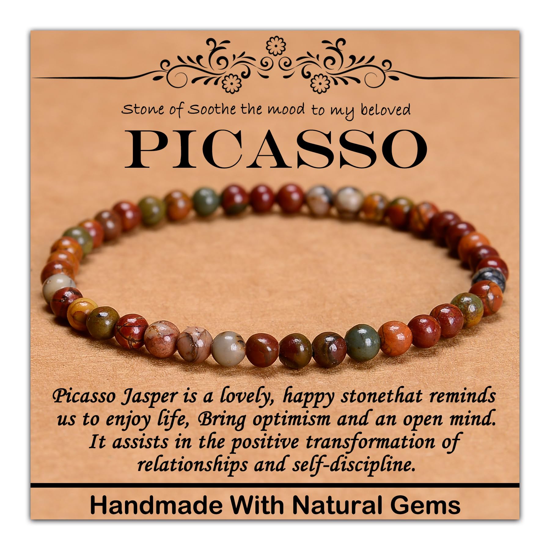 4mm Natural Healing Gemstone Bracelet Handmade Yoga Stretch Elastic Bracelet Stress Relief Crystal Jewelry for Men and Women (4mm Picasso)