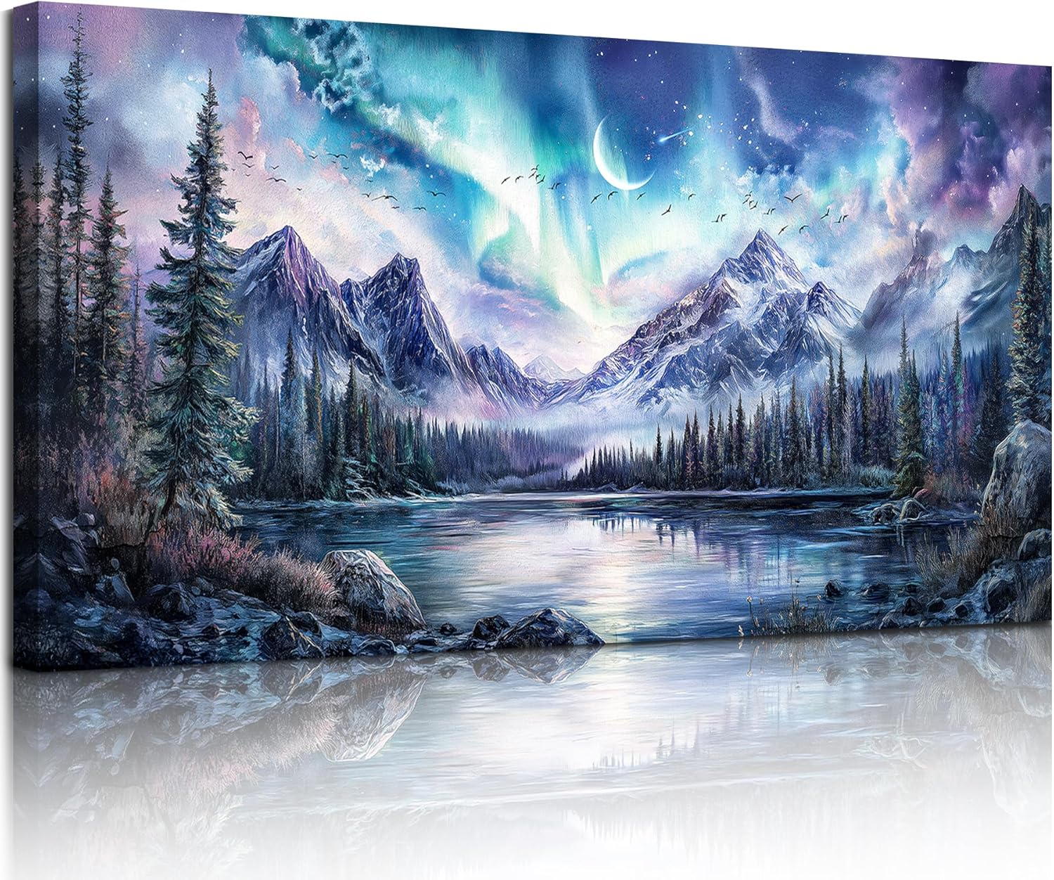 SERIMINO Aurora Landscape Large Wall Art, Mountain Forest Lake Nature Decor Art Prints, Fantasy Nightscape Artwork for Walls, Moonlit Night Canvas Art Wall Decor Living Room Bedroom Office 20"X40"
