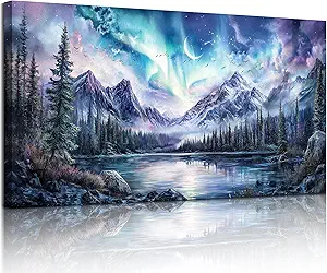SERIMINO Aurora Landscape Large Wall Art, Mountain Forest Lake Nature Decor Art Prints, Fantasy Nightscape Artwork for Walls, Moonlit Night Canvas Art Wall Decor Living Room Bedroom Office 24"X48"