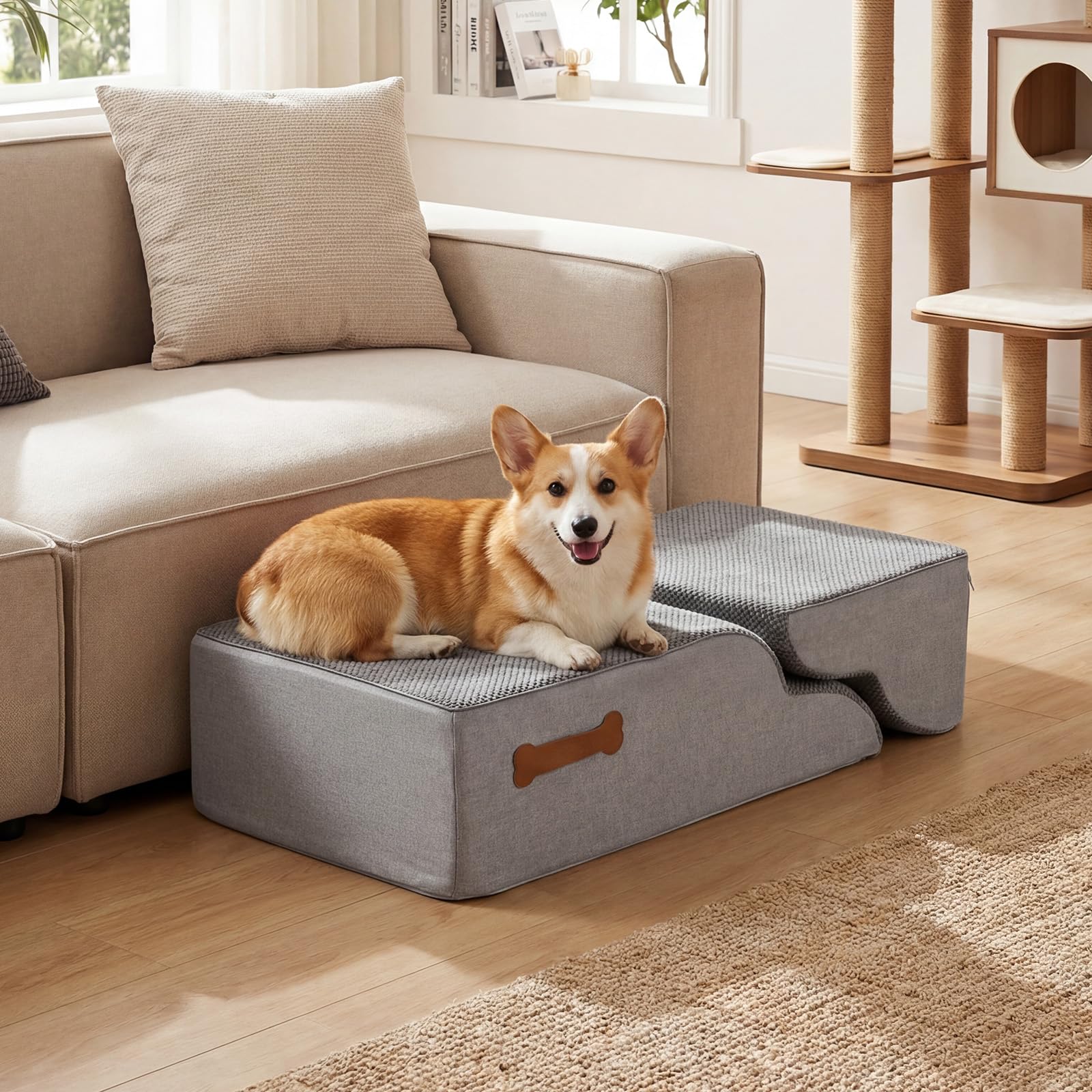 COSTWAY Scaletta per Cani a 4 Gradini Altezza 50 cm, Scala Cane in Spugna per Salire Letti Alti, Divani e Poltrone con Fondo Antiscivolo, Copertura Lavabile, Scala per Cani e Gatti (73 x 40,5 x 50 cm)