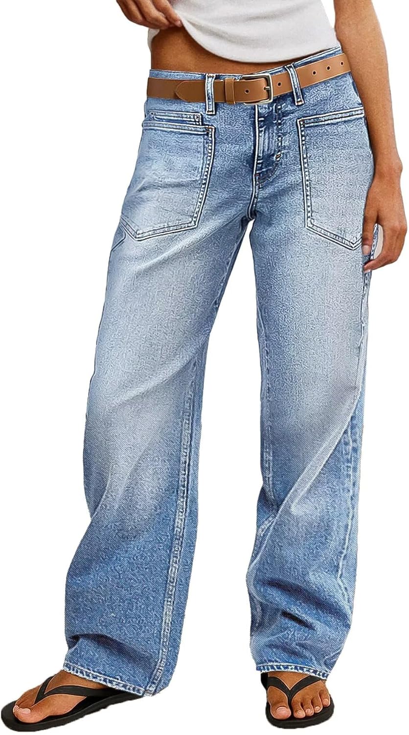 Flamingals Straight Leg Jeans for Women Trendy Mid Rise Stretchy Patch Pocket Baggy Jeans Casual Without Belt