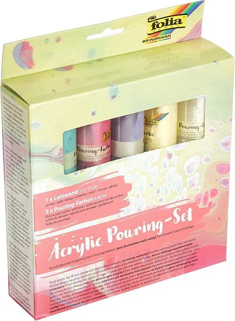folia 351129 Acrylic Pouring Set II Pastel with 5 Pouring Colours of 60 ml and 1 Canvas Approx. 15 x 15 cm Acrylic Colours with Mixed Pouring Medium