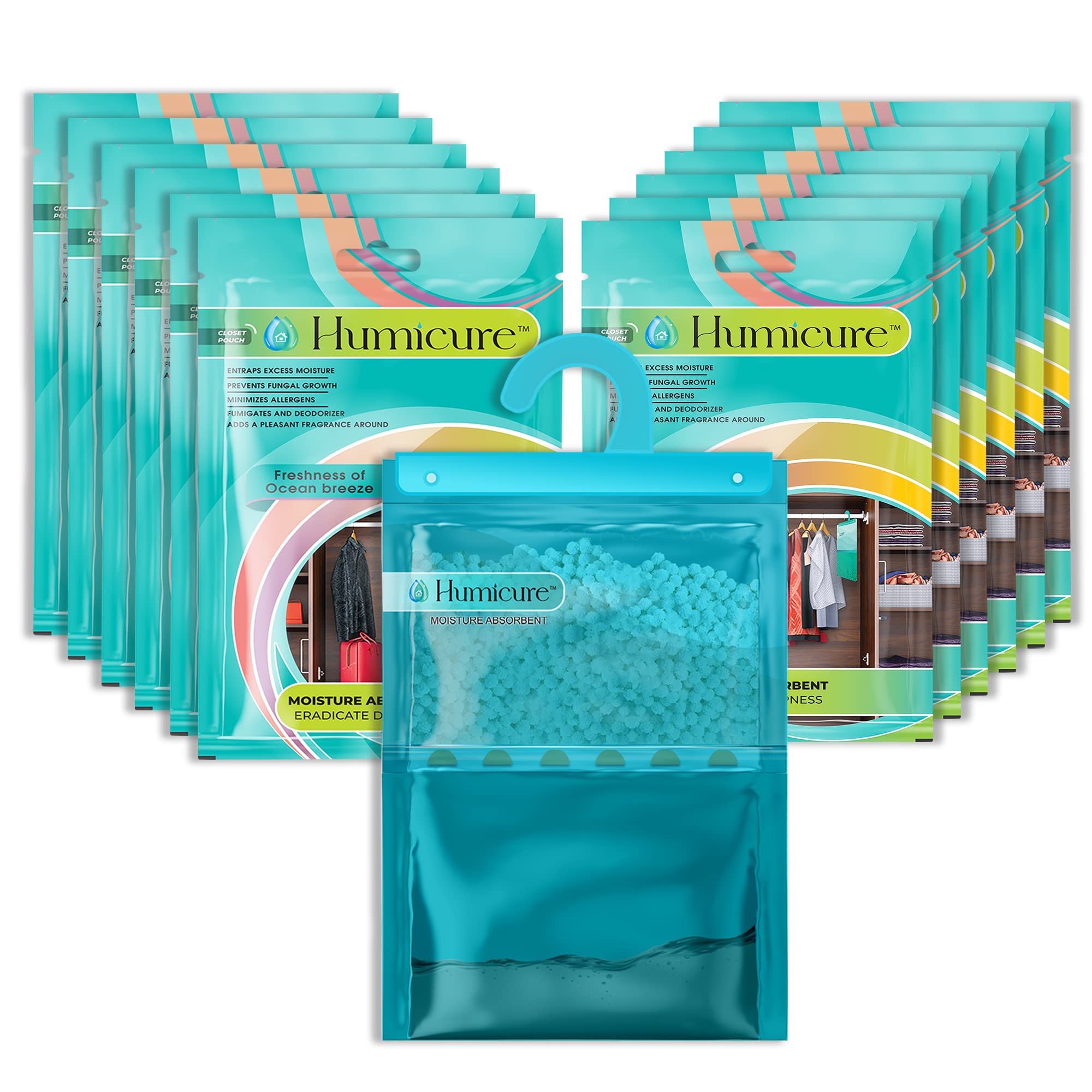 Humicure Moisture Absorber Dehumidifier Hanging Bags with 1 Litre Absorption Capacity for Wardrobe, Bathroom, Kitchen and Bedroom; Prevents Mould & Fungus (Pack of 12, 400gram each, Ocean Breeze)