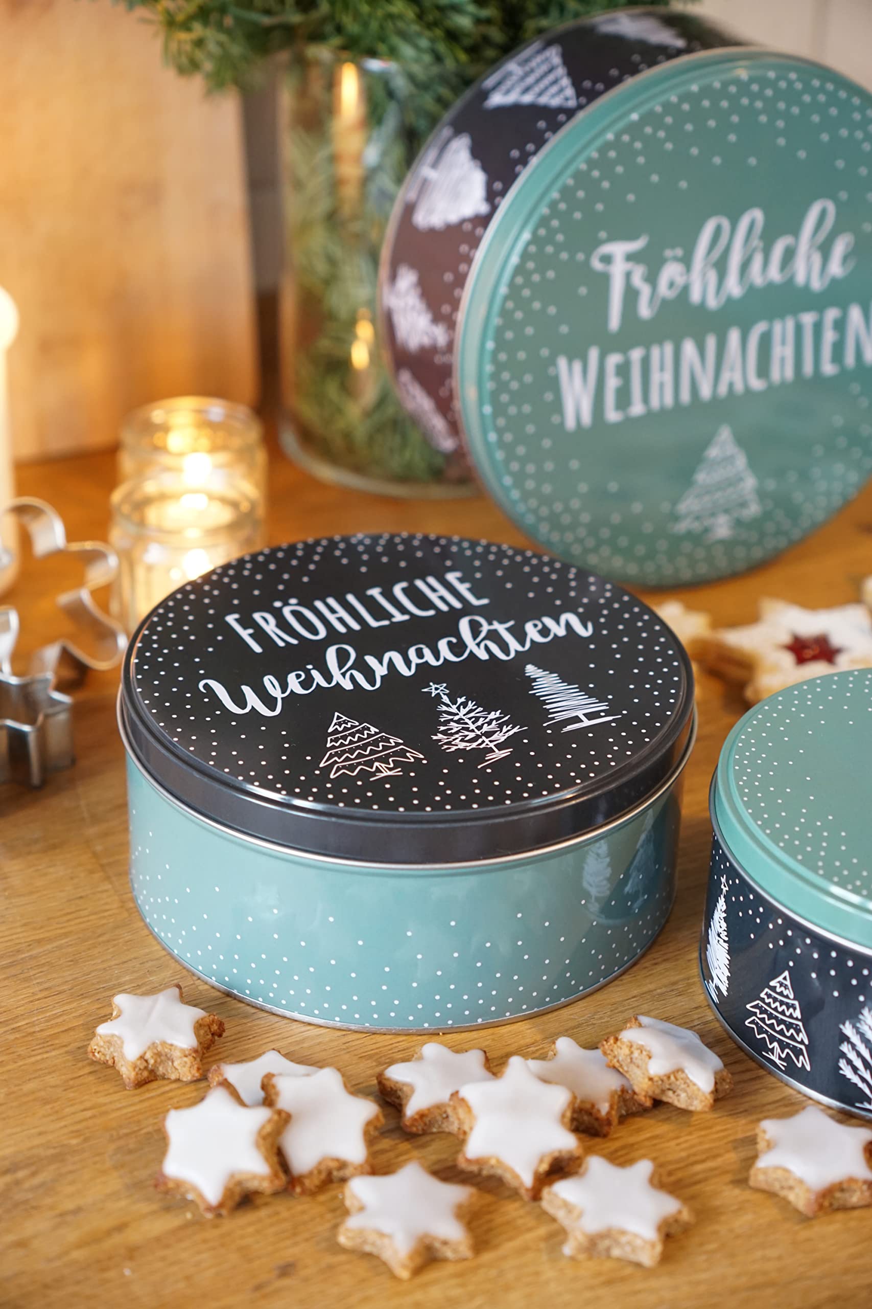 Geschenkset Keksdose Plätzchendose Metalldose 3er Set "Fröhliche Weihnachten" Weihnachten mit süßer Rentier Mini-Geschenktasche