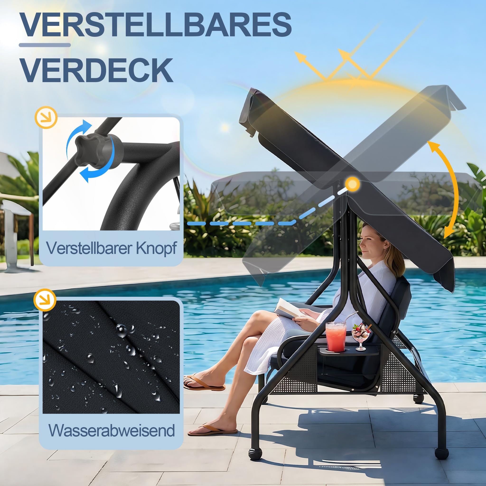 XMTECH Hollywoodschaukel 3-Sitzer mit Liegefunktion & verstellbarem Sonnendach, Gartenschaukel mit Seitentischen & Kissen, Schaukelbank Garten Terrasse, bis 350 kg, 185 x 113 x 163 cm, Anthrazit