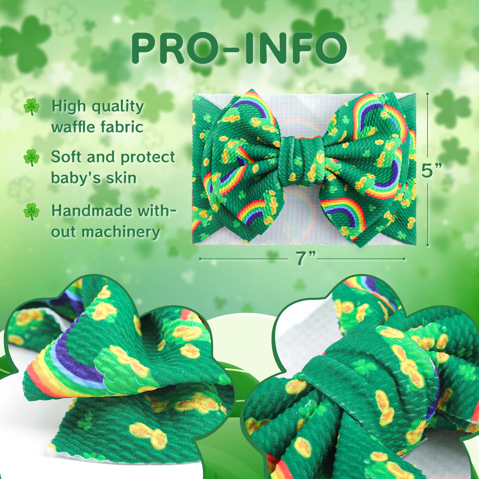 Diademas de Navidad de 17,78 cm con lazos de trébol verde arco iris, diadema de nailon suave con lazos para bebés recién nacidos, accesorios para el cabello del día de San Patricio