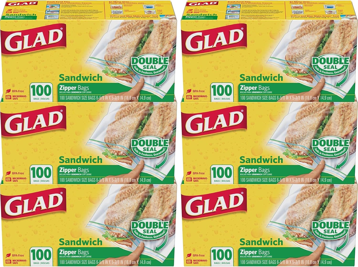 GLAD Zipper Food Storage Sandwich Bags, On-the-Go Snack and Lunch Bags, Zipper Sandwich Sealer, Microwave Safe, BPA Free, 100 Count (Pack of 6) GLAD Zipper Food Storage Sandwich Bags, On-the-Go Snack and Lunch Bags, Zipper Sandwich Sealer, Microwave Safe, BPA Free, 100 Count (Pack of 6)