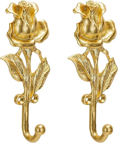 Miniatura 5 de SOFFEE DESIGN 2 ganchos individuales dorados con diseño de rosas 3D, estilo retro adornado para decoración de pared de habitación, abrigo, sombrero,