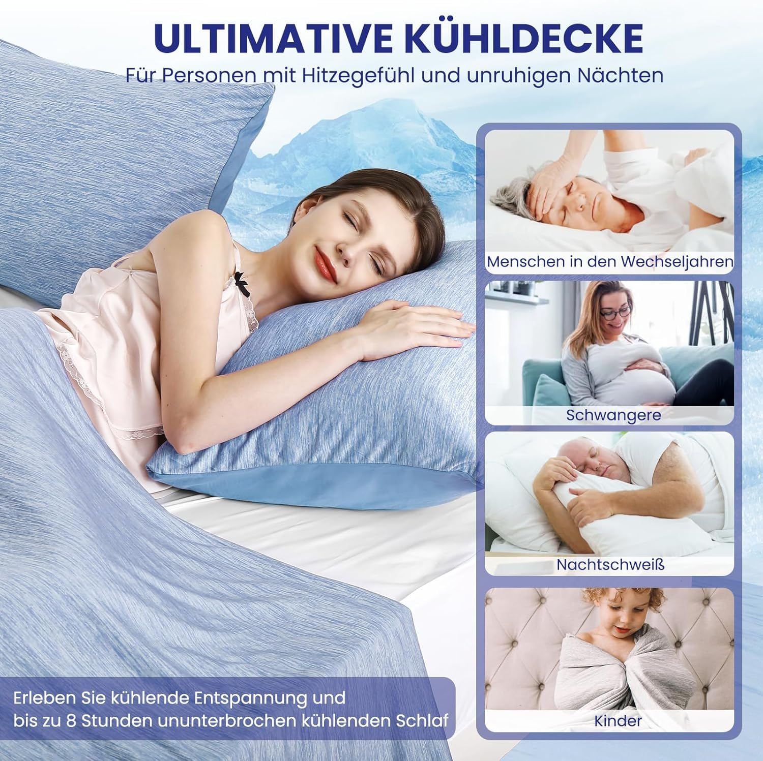 Elegear Kühldecke 200 x 220cm, Japanische Arc-Chill 3.0 Q-Max>0,5 Kühlfasern Selbstkühlende Sommerdecke, Doppeltes Kältegefühl absorbiert Körperwärme, kühlende Decke für Menschen Dünne Wohndecke Blau