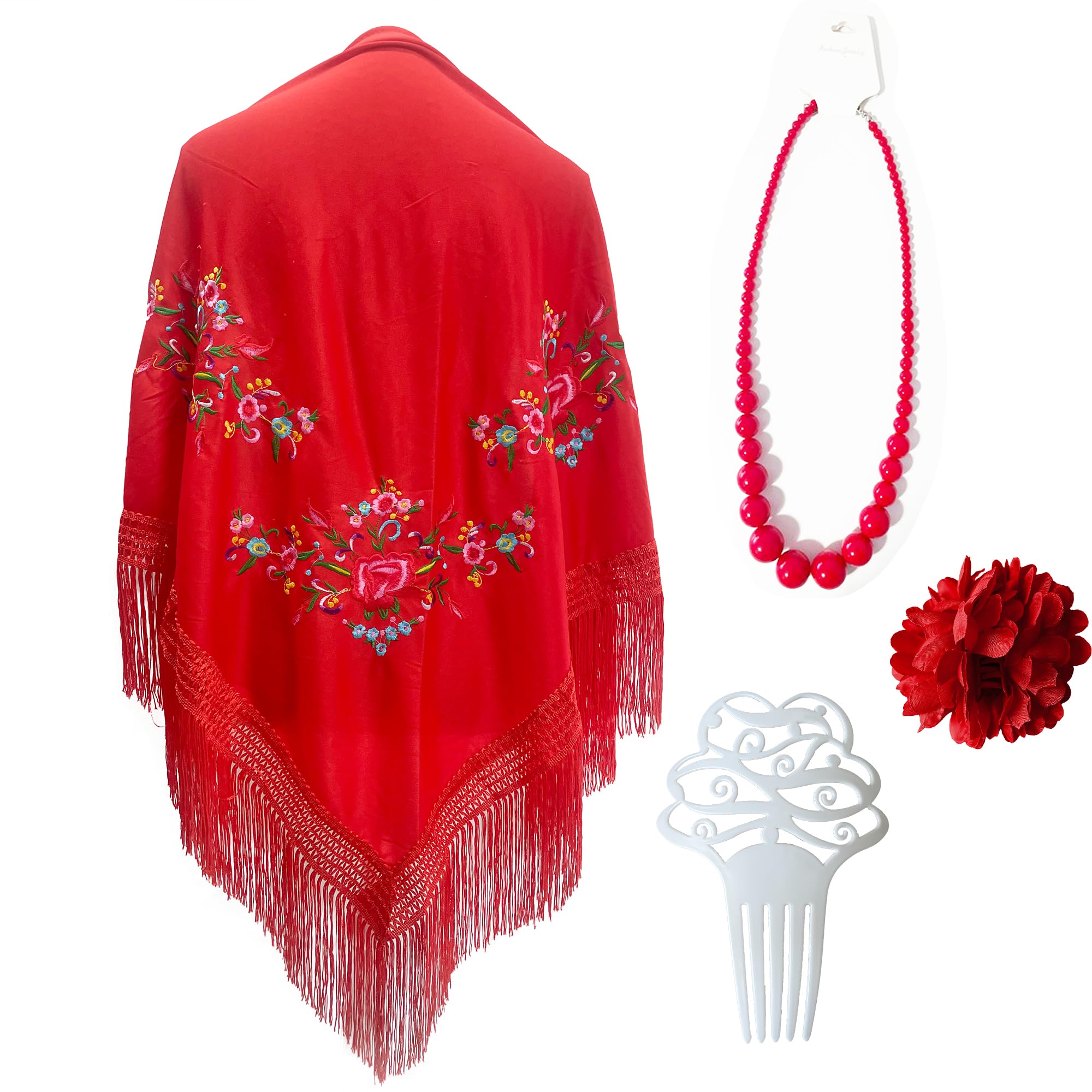 Mantón Bordado en Flores para Baile Flamenco Español, Set de Complementos Sevillana, Mantón, Collar, Flor y Peineta Flamenca para Adultos