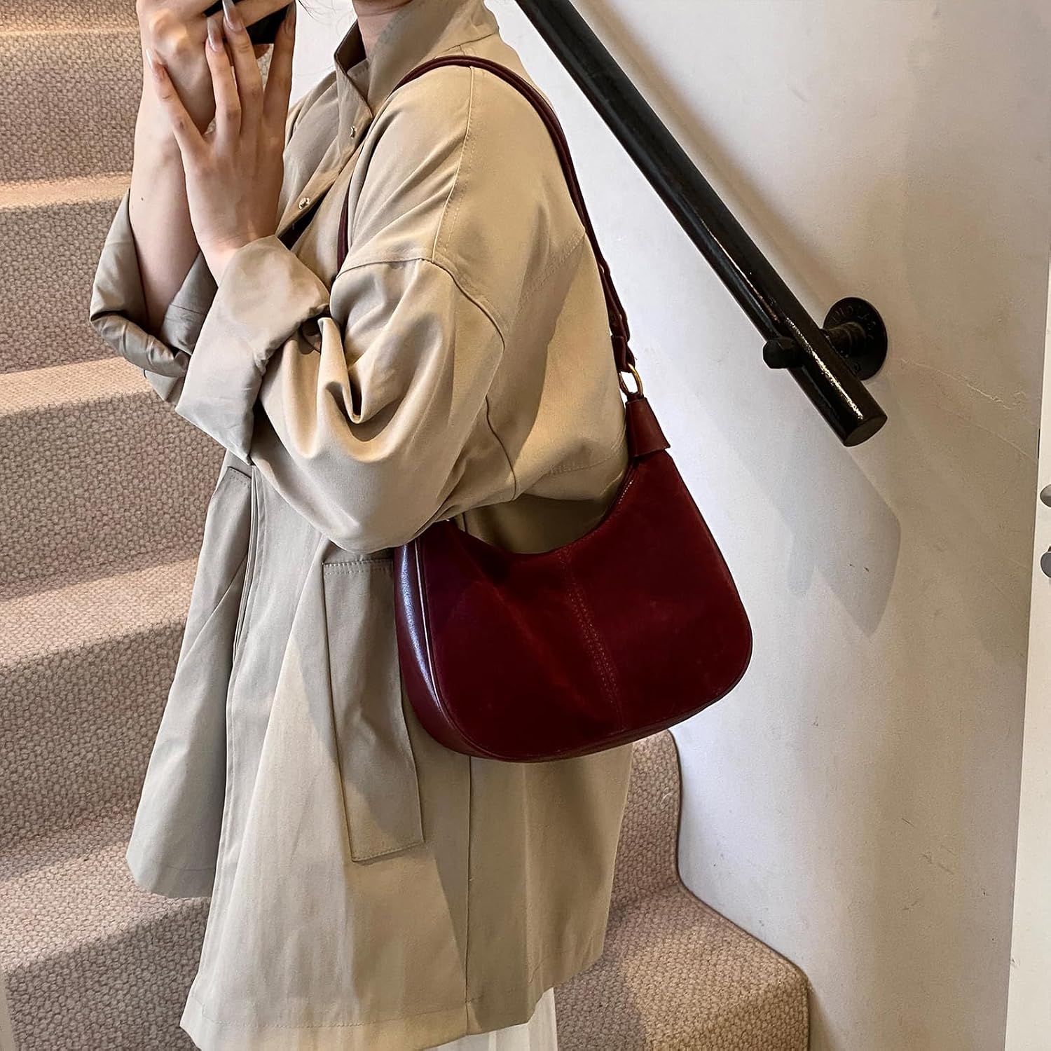 Suede Bags for Women Small Suede Purse Retro Hobo Crescent Crossbody Bag Leather Shoulder Handbag - Image 3