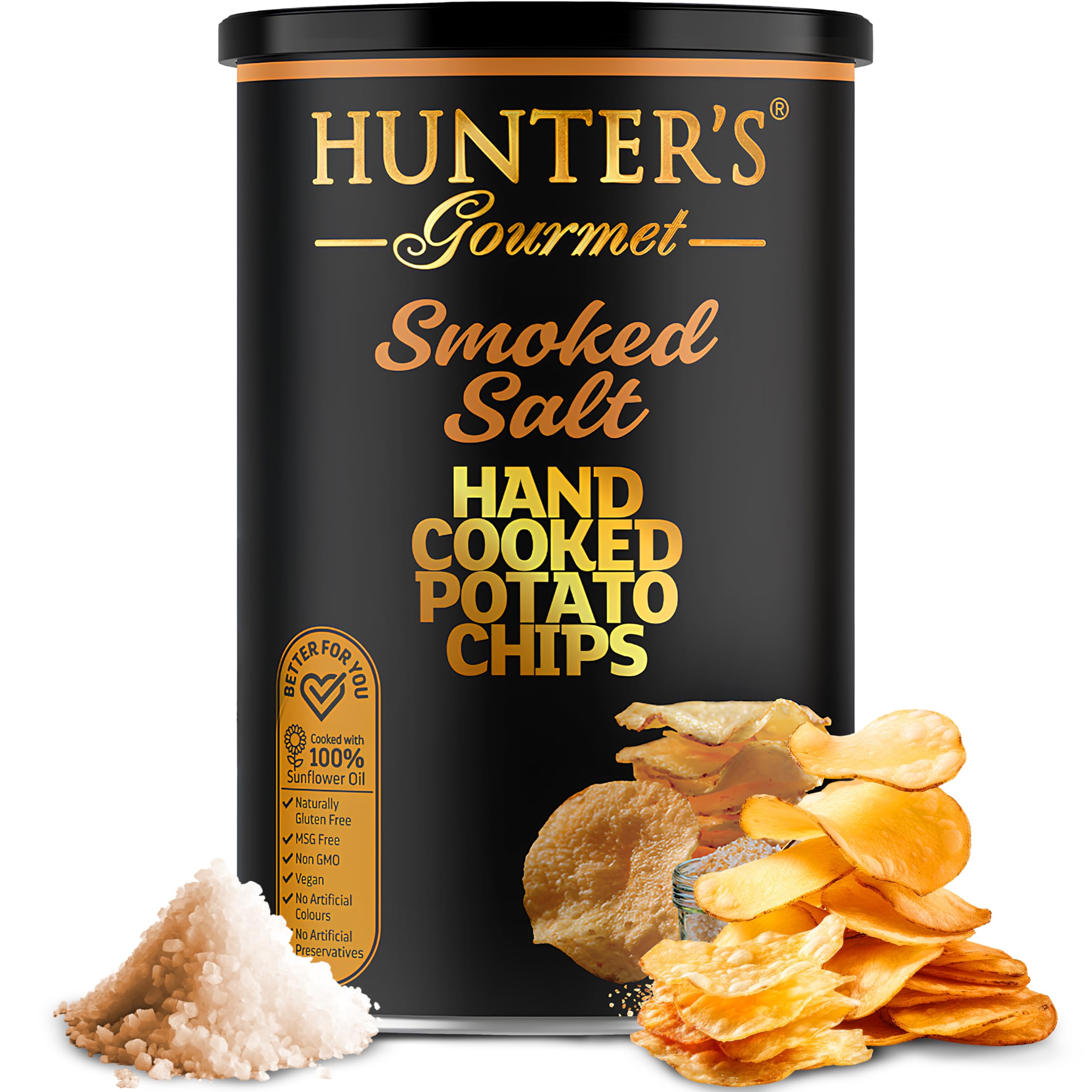 HUNTER'S GourmetPremium Cholesterol Free Chips | Naturally Gluten-Free | No Artificial Colors or Preservatives | Made in a Nut-Free Facility | Smoked Salt | Hand-Cooked Snacks | Pack of 1 | 150g