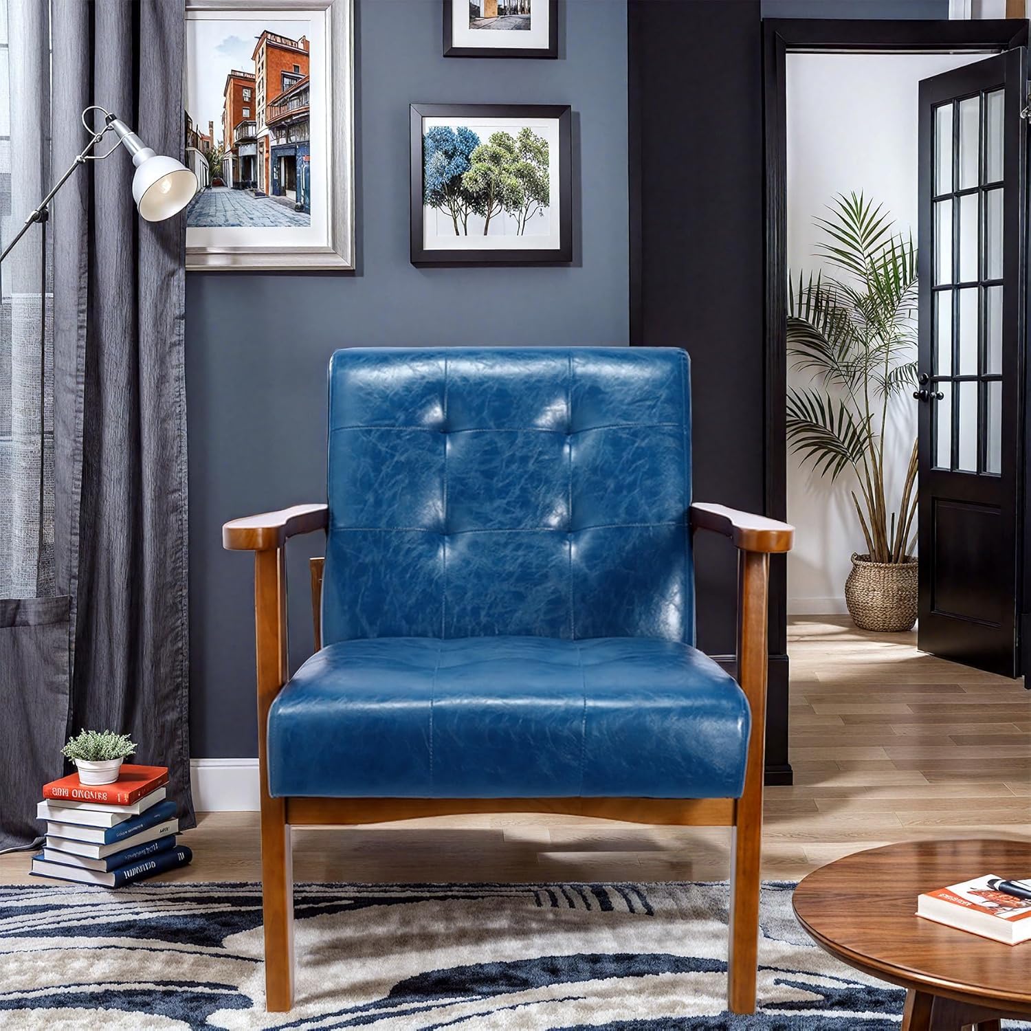 Sillón Retro de Madera Maciza para Salón - Tapizado con Reposabrazos, Marco Medieval - Diseño de Piel Sintética y Roble para Dormitorio, Café, Balcón(Azul)