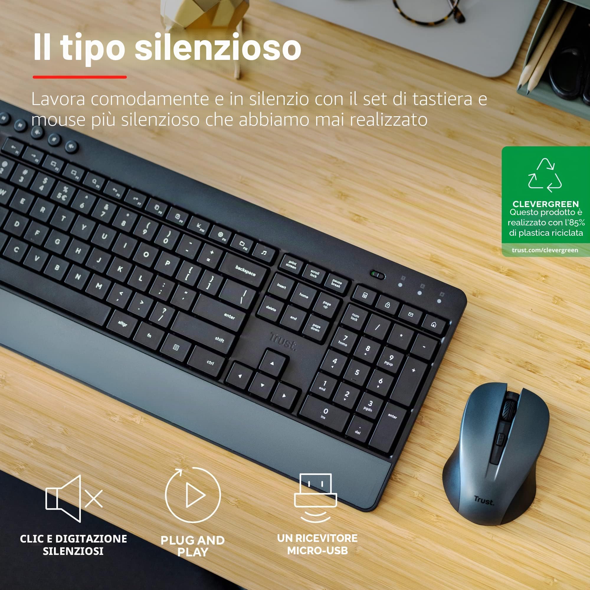 Trust Trezo Layout Olandese (QWERTY) Set Tastiera e Mouse Wireless, Nero