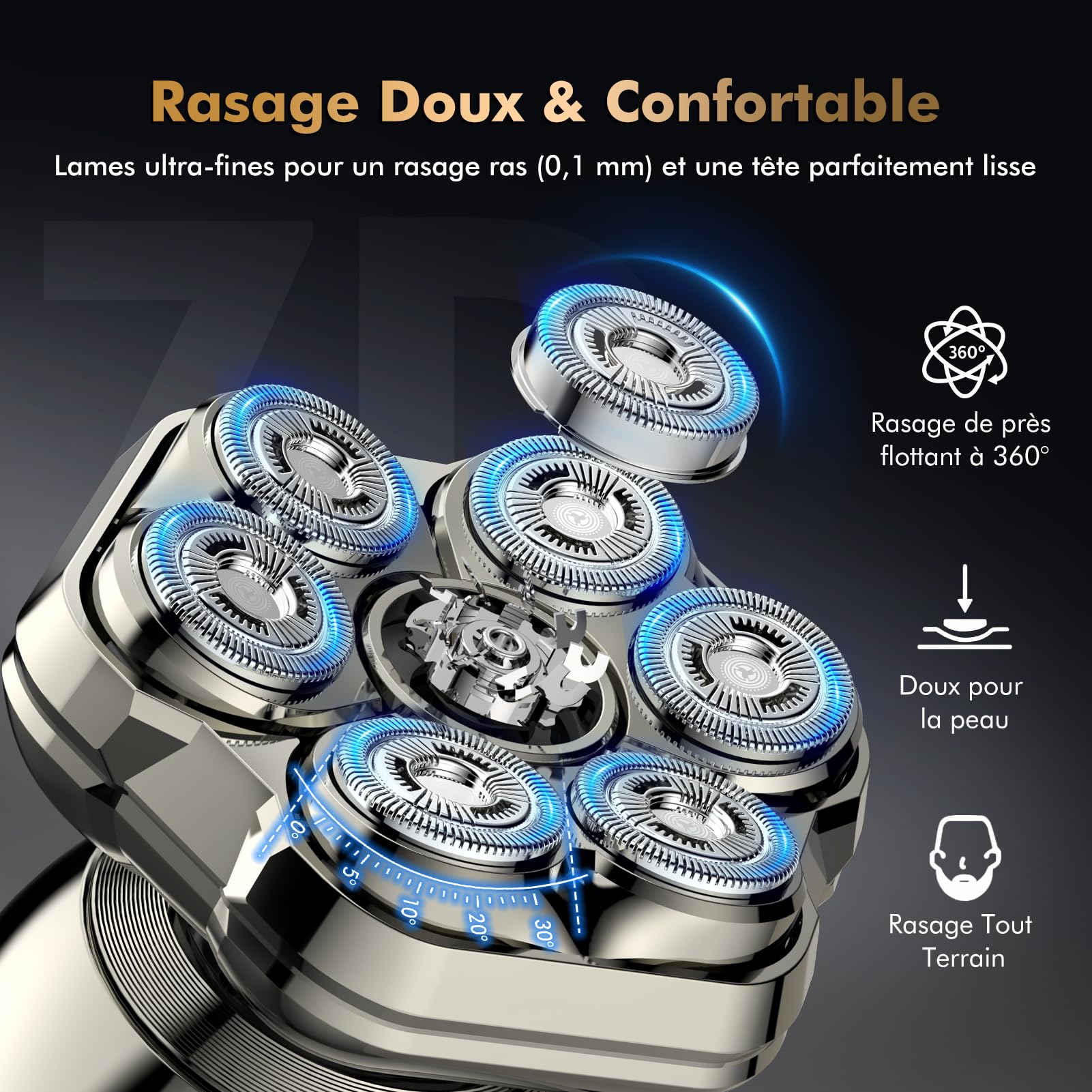 Rasoir Tete Chauve Homm,7D Rasoir Electriques Hommes Cheveux-6 en 1 Tondeuse Crane Chauve, Rasoir Chauve magnétique amovible, Humide/Sec Étanche IPX7 pour Hommes Chauves avec Écran LED