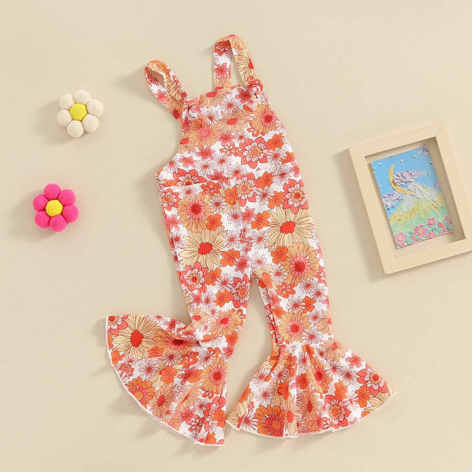 Youweixiong Toddler Baby Girl Bell Bottom Romper Floral Sleeveless Ribbed Flare Jumpsuit Overalls Pants One Piece Outfit Summer Clothes (Orange, 12-18 Months)