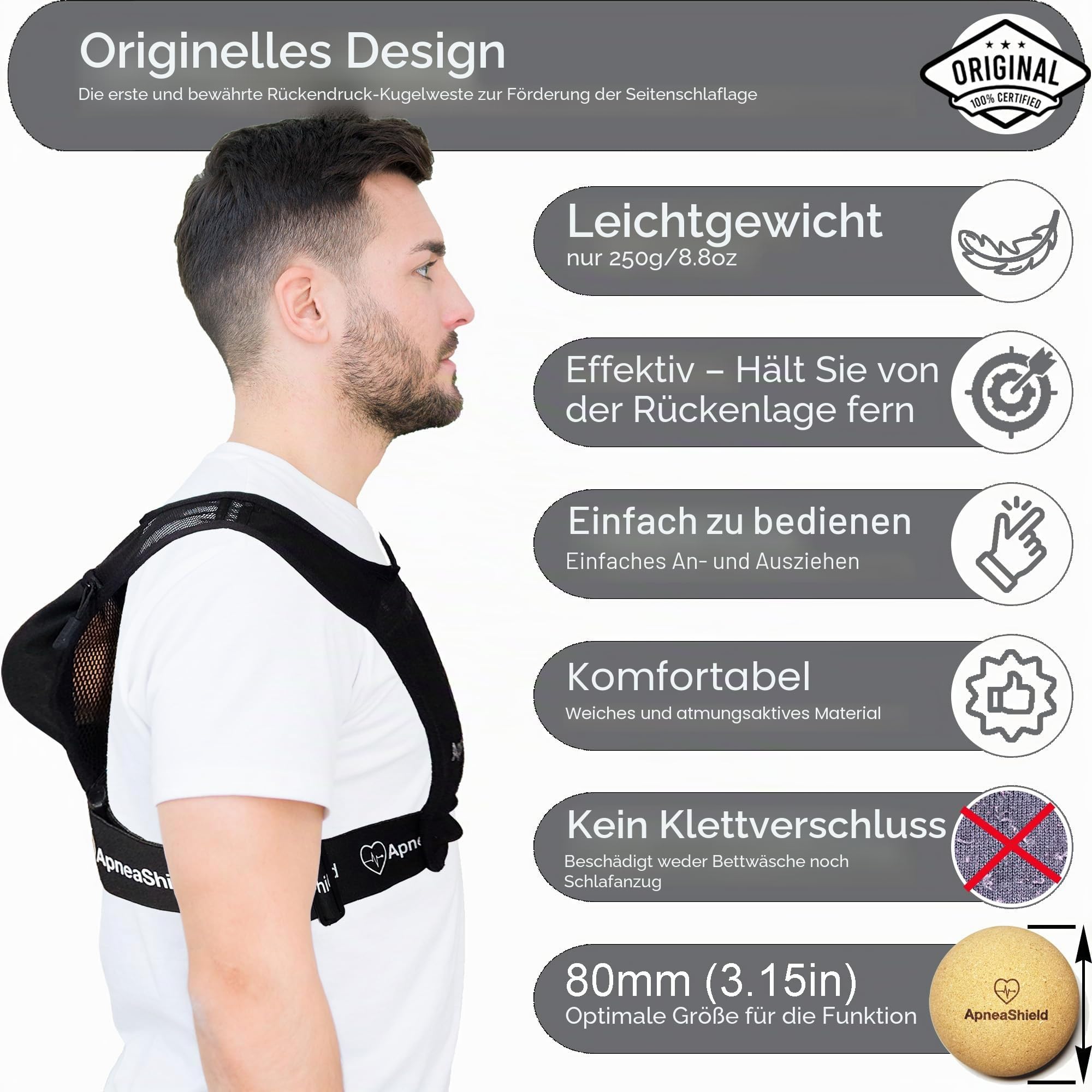 Schlafpositionstrainer zum Schlafen auf der Seite | Anti-Schnarch-Lösung | Leicht, bequem, effektiv bei der Reduzierung der Schlafzeit | Originelles Rückendruckball-Design