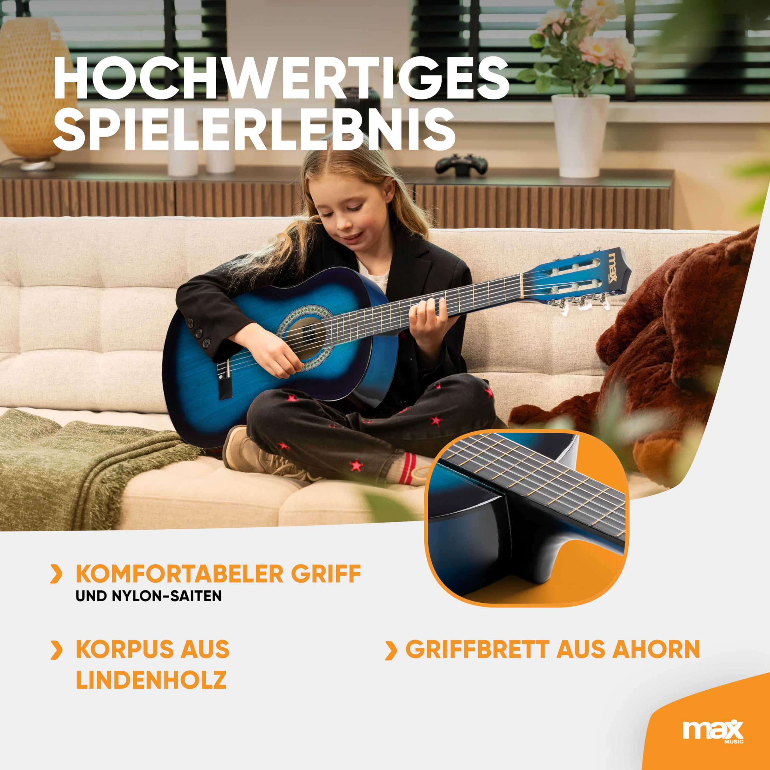MAX SoloArt Junior - Akustik Gitarre 3/4, Kinder Gitarre inkl. Stimmgerät, Ständer, Tasche, Plektrum, Gurt und Saiten-Zubehör, 3/4 Guitar in Holz Blau