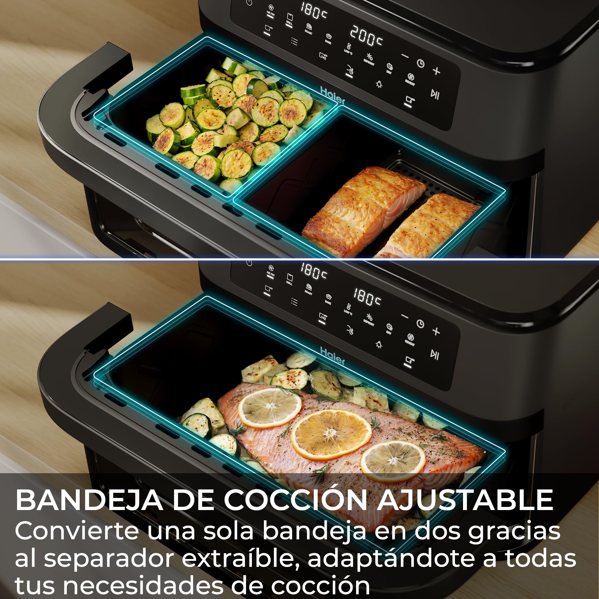 Haier Freidora de Aire Doble Cajón Flex 11L con Divisor y Ventana, 8 en 1: Air Fry, Grill, Asar, Hornear, Secar, Recalentar, Descongelar, Cocción Lenta, Sync, Antiadherente, Lavavajillas [HAF3ADW]