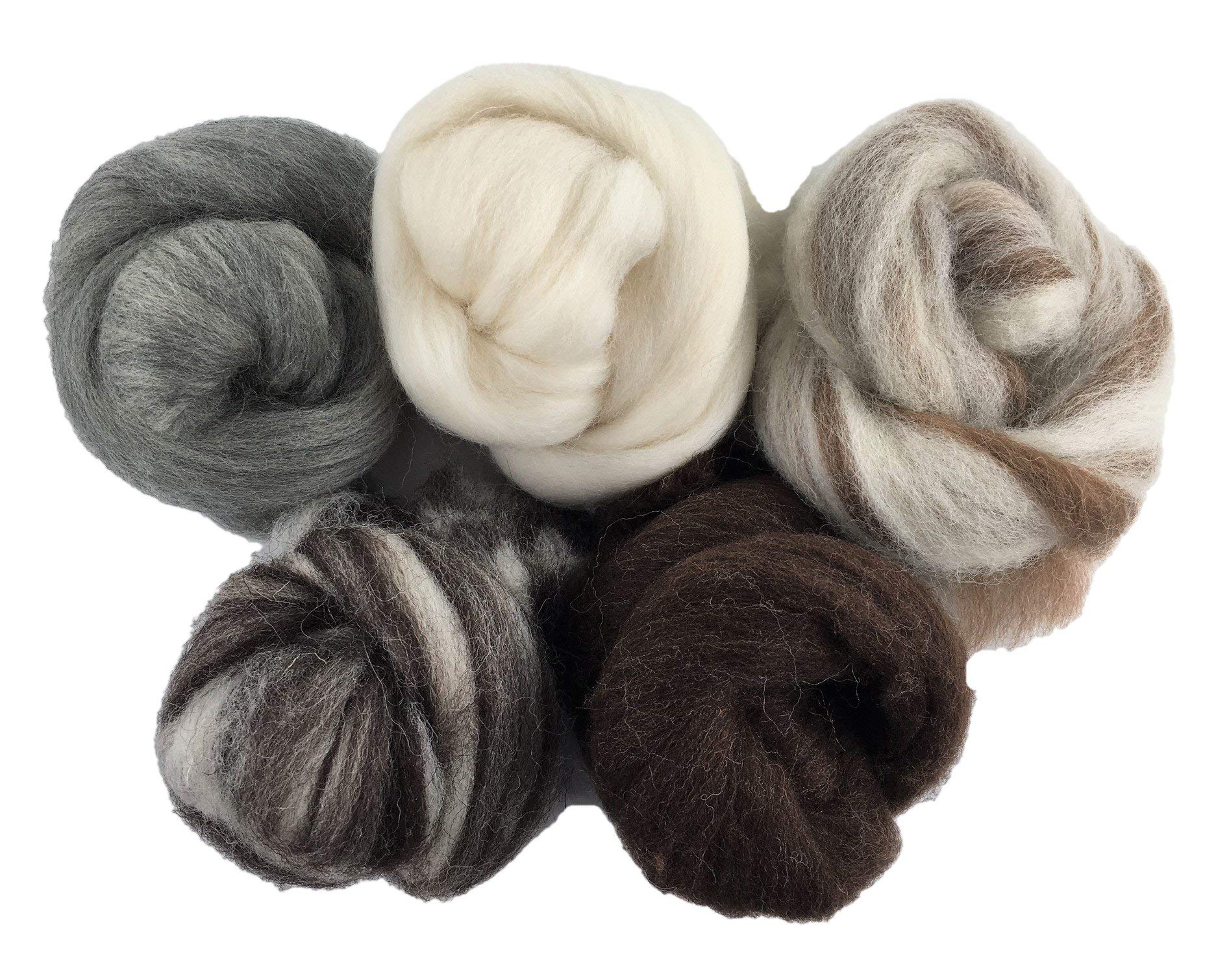 Molten Designs Brown,Grey,White Natural Animal Pack Of 5 Felting Wools For Needle Felting, Wet Felting Or Spinning. Approx 100 Gms