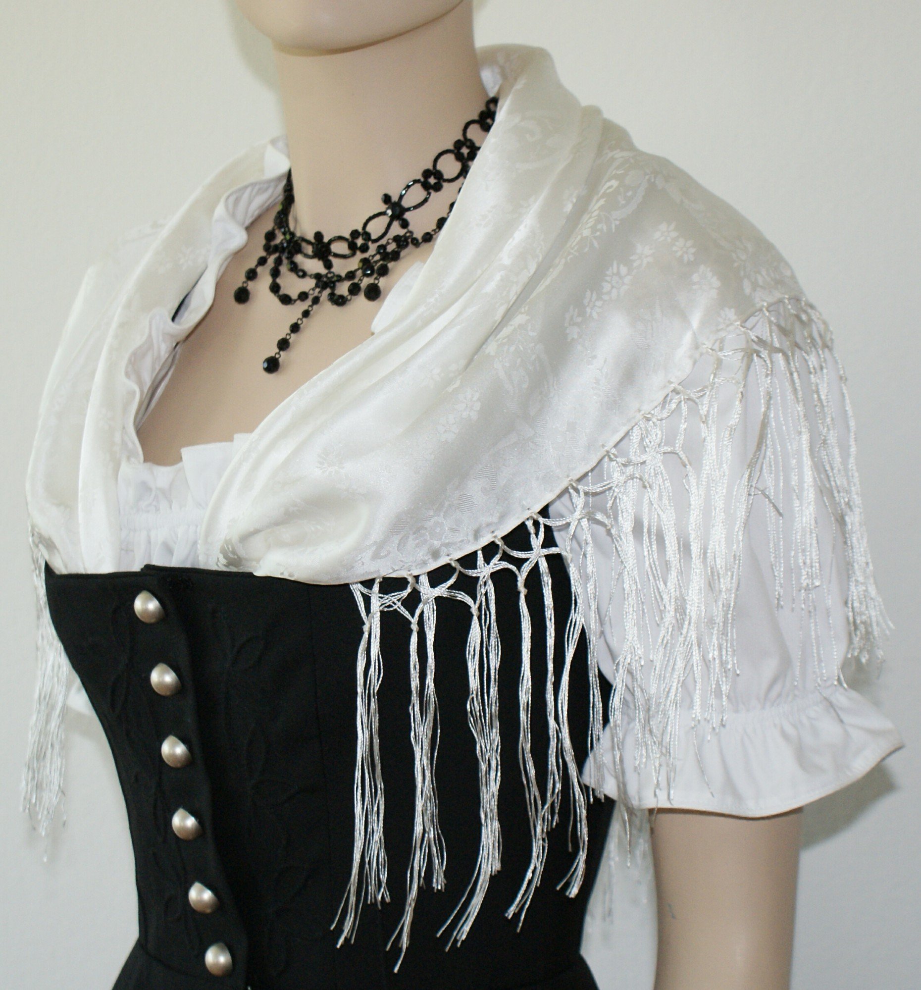 Trachten Mayr Seidentuch Dirndl-Trachtentuch Tuch weiß 75x75cm Dirndltuch Seide Fransentuch für Tracht Trachtenseidentuch mit Fransen Schultertuch Halstuch silk clouth hochwertigste Qualität!