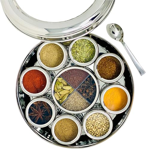 SPICE DABBA Caja de especias indias de acero inoxidable, Masala Dabba de acero, 12 especias, caja de especias con tapa, especias orgánicas, caja