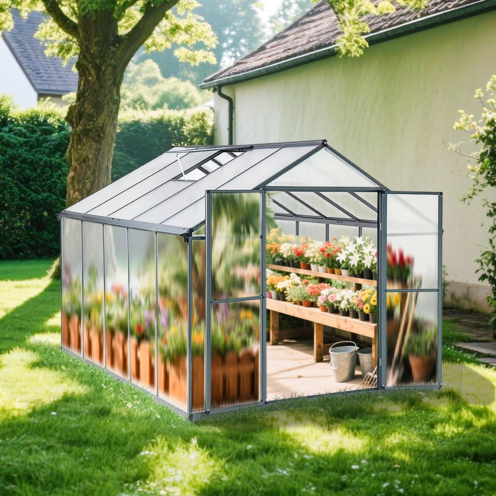 Serre en aluminium avec fondation de 302 x 238 cm, plaques de 4 mm, grande serre de jardin, résistante à l'hiver, pour semis précoce, élevage, 11,70 m³, double porte, gris