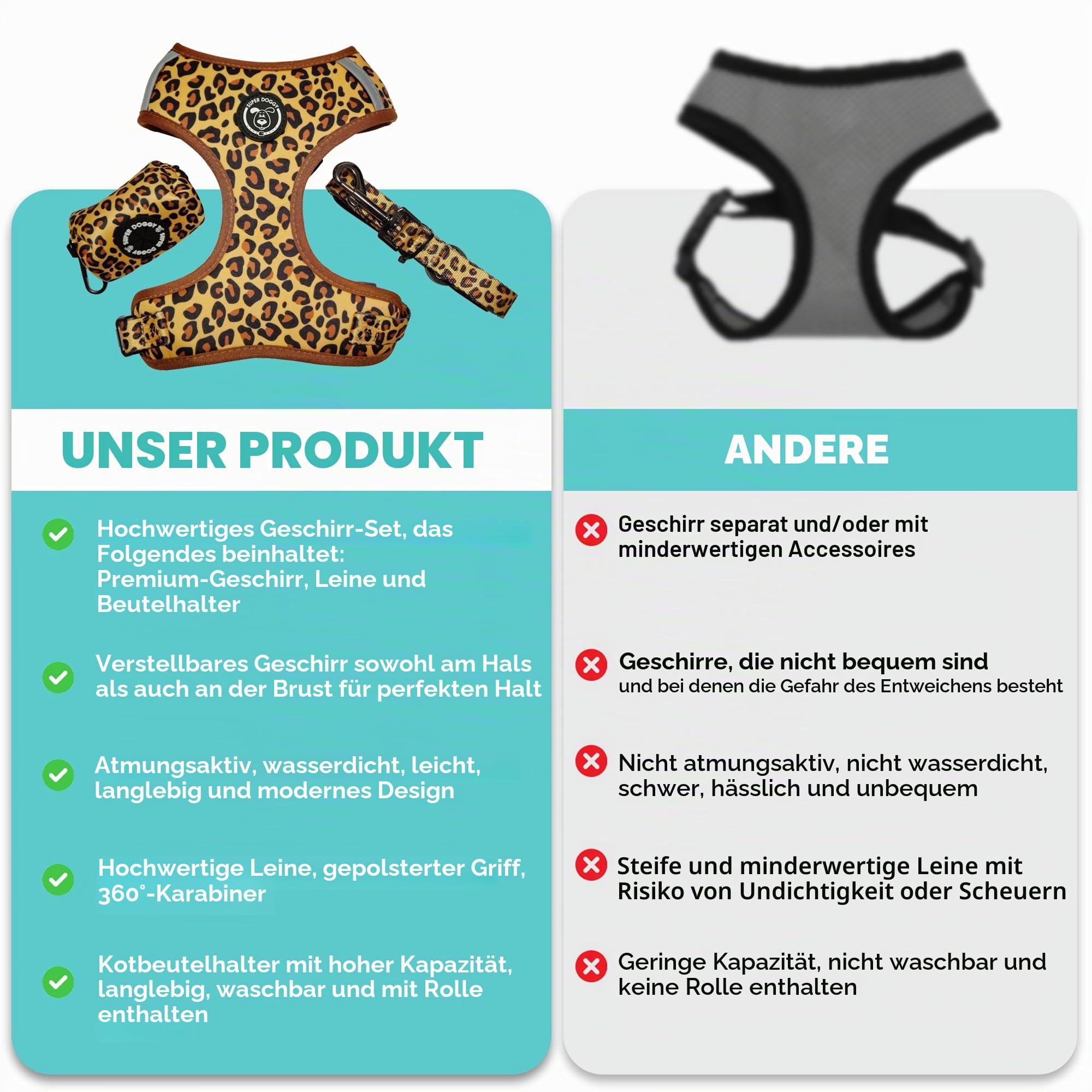 SUPER DOGGY Anti-Pull-Hundegeschirr-Set mit Leine und Beutelspender, atmungsaktives Geschirr für kleine und mittelgroße Hunde, sicheres Hundegeschirr (Leopard, M (7-11 KG))