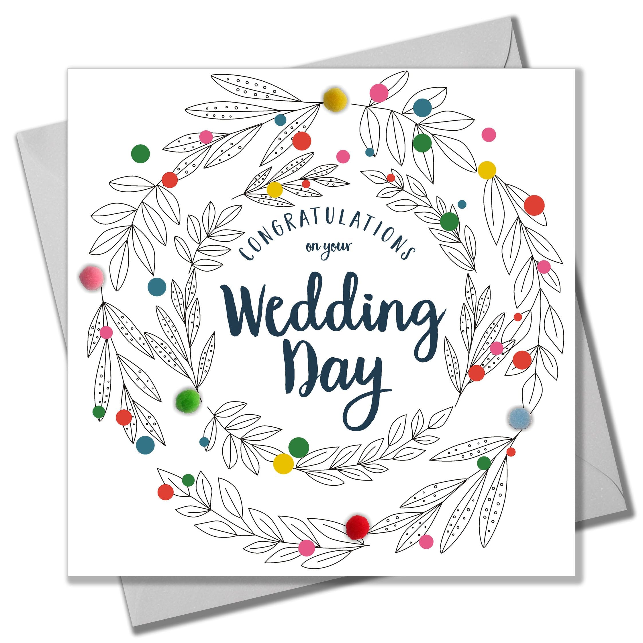 Claire Giles Greeting Cards, Wedding Card, Congratulations Wedding Card, Floral design and Embellished with colourful pompoms