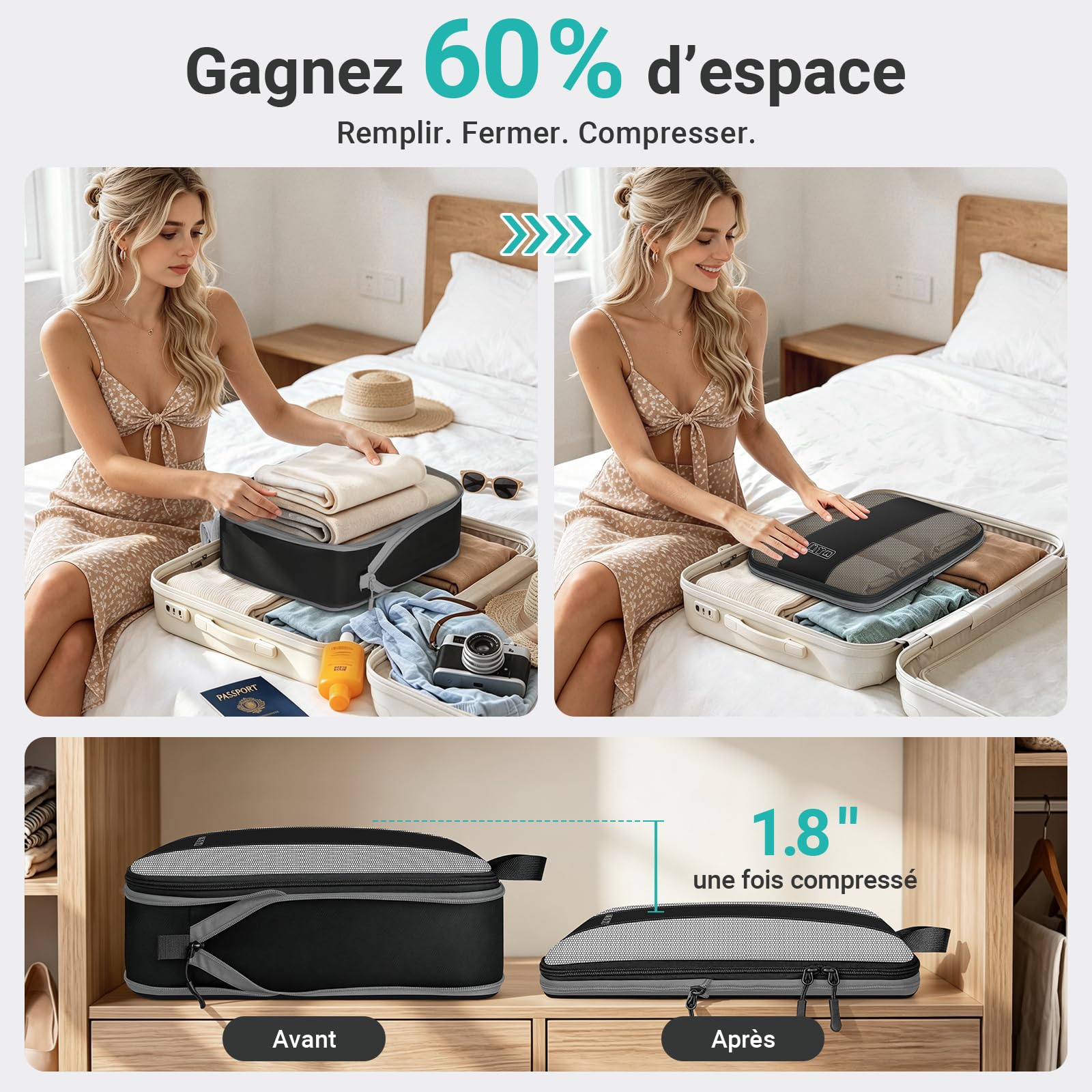 Koffer Organizer mit Kompression, 8 Stück Packing Cubes für Koffer und Rucksack – wasserabweisende Packwürfel aus recyceltem RPET, Reise Organizer für Handgepäck & Reisen