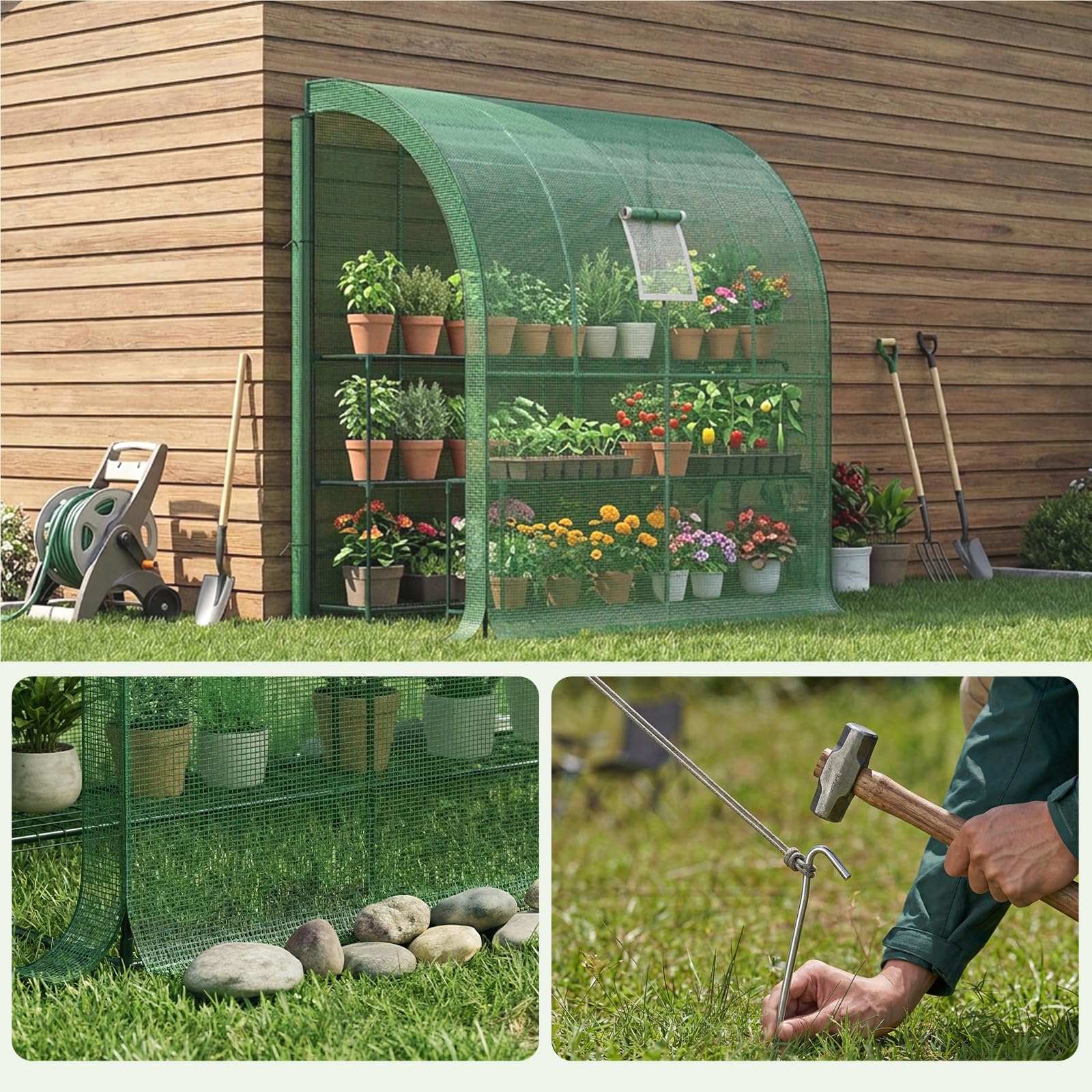 LARMNEE Serre Adossée, Serre à Tomates, avec Bâche PE à Fermeture à Glissière sur Les Côtés, 200 x 100 x 210 cm, Cadre Métallique, pour Fleurs, Légumes, Balcon, Plantes, Terrasse, Vert EGN72GH02