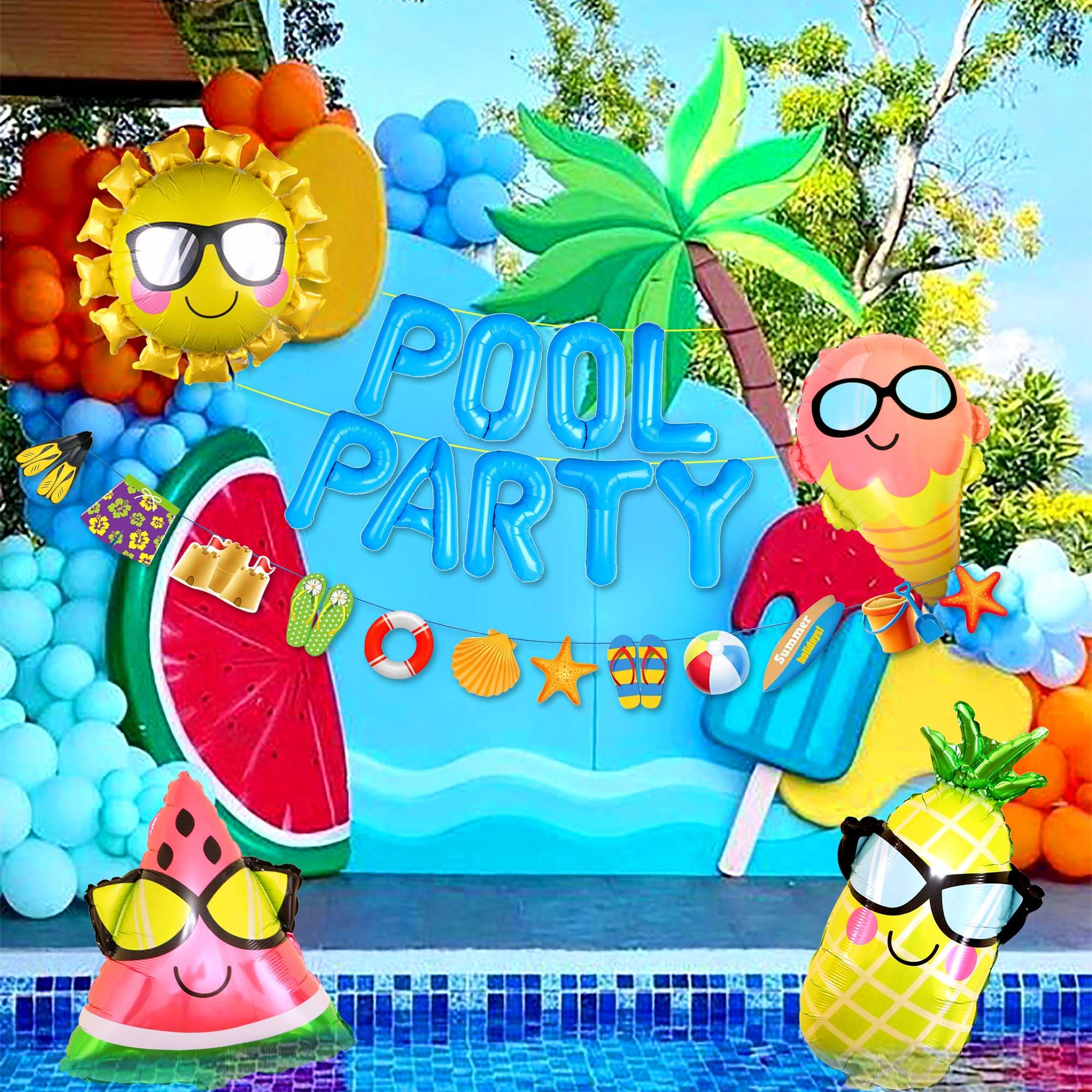 LaVenty Blue Summer Sun Balloons Beach Pool Party Decoration Supplies With Backdrop Banner for Luau Hawaii - Image 2