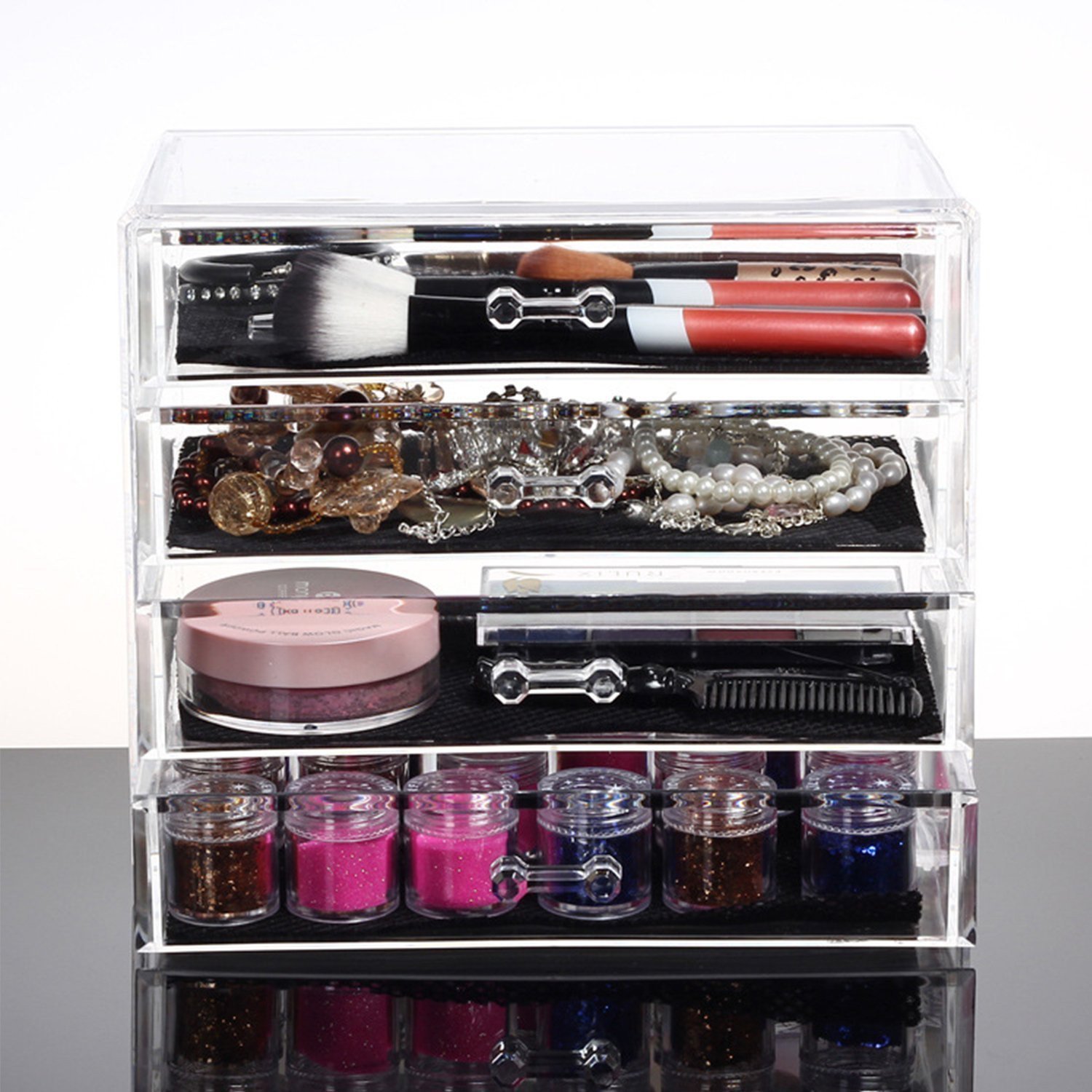 Discoball Acrylique Maquillage Organiseur Cosmétique Boîte Contient brillant à lèvres Rouge à lèvres/vernis à ongles/support de présentation/pinceaux de maquillage et étui de rangement avec 4 tiroirs