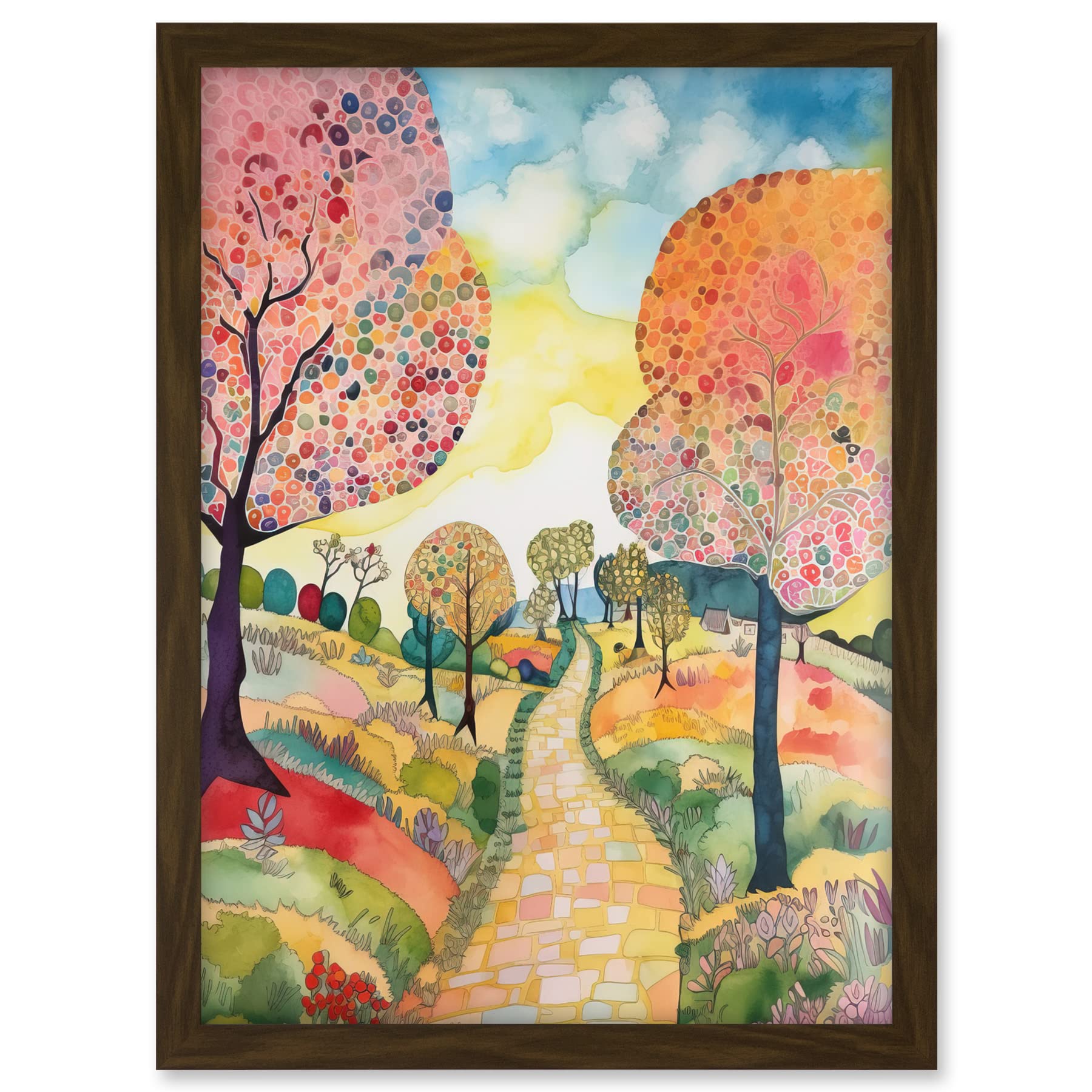 Artery8 Countryside Path With Blooming Flowers And Trees Folk Art Landscape Watercolour Painting Artwork Framed A3 Wall Art Print