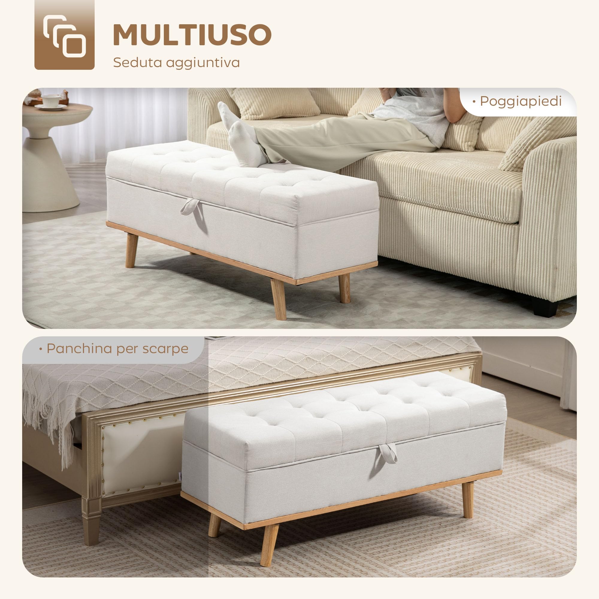 HOMCOM Pouf Contenitore 80L Imbottito Poggiapiedi 118x42x45 cm Crema