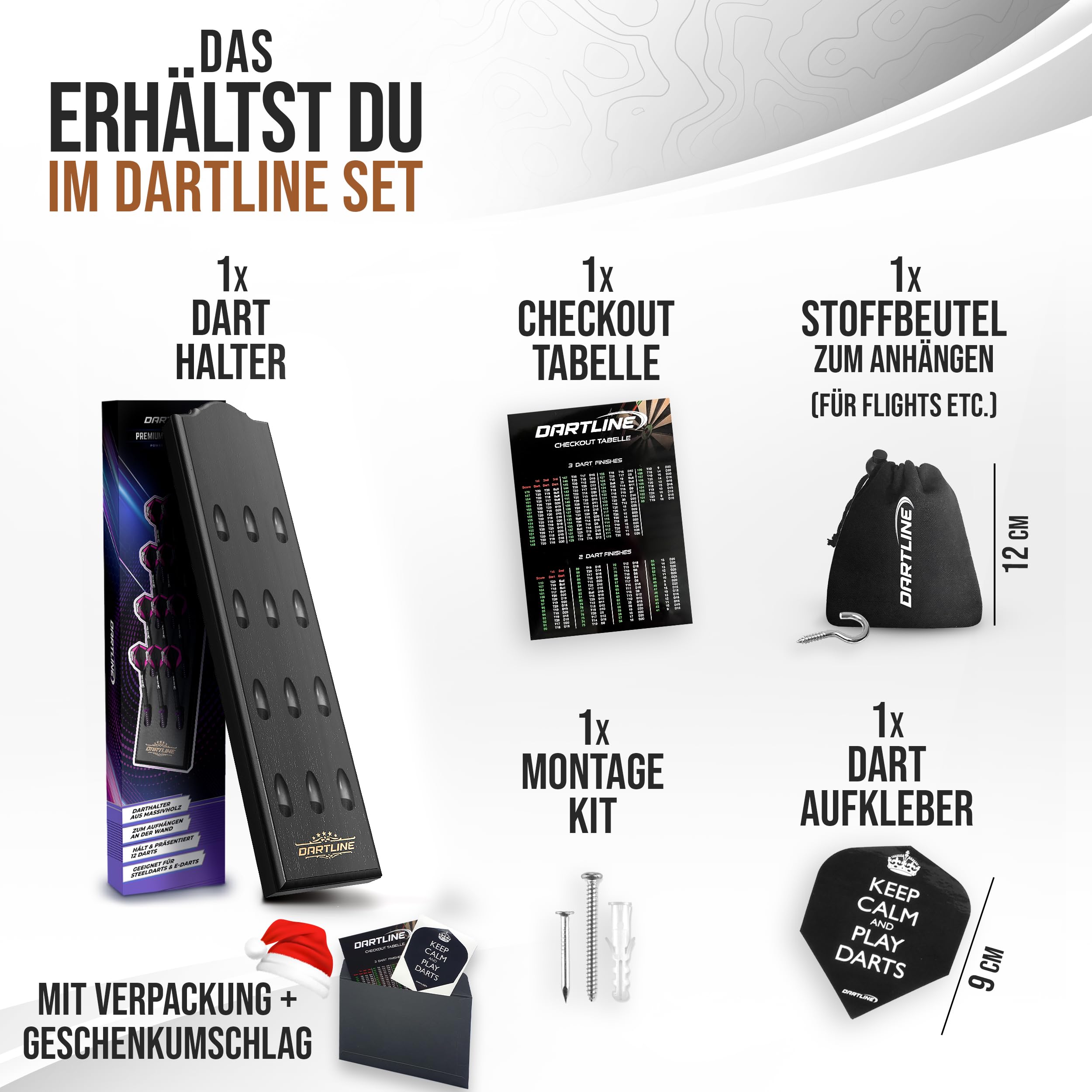 Dartpfeile Halterung aus Holz | Darthalter für 12 Pfeile zur Wandmontage | matt schwarzer Massivholz Dart Halter 40x9 cm | mit Stoffbeutel für Zubehör