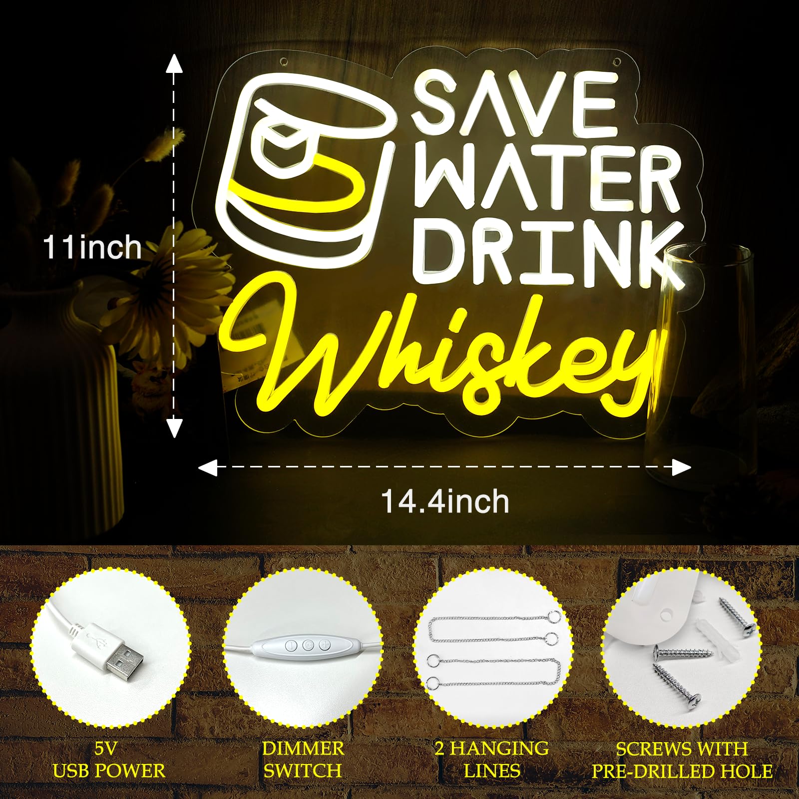 Save Water Drink Whiskey Neon Sign LED Sign Bar Sign for Man Cave Home Bar, 15x11 inch USB-Powered Dimmable Whiskey Neon Lights for Home, Man Cave/Bars/Men Room Decor