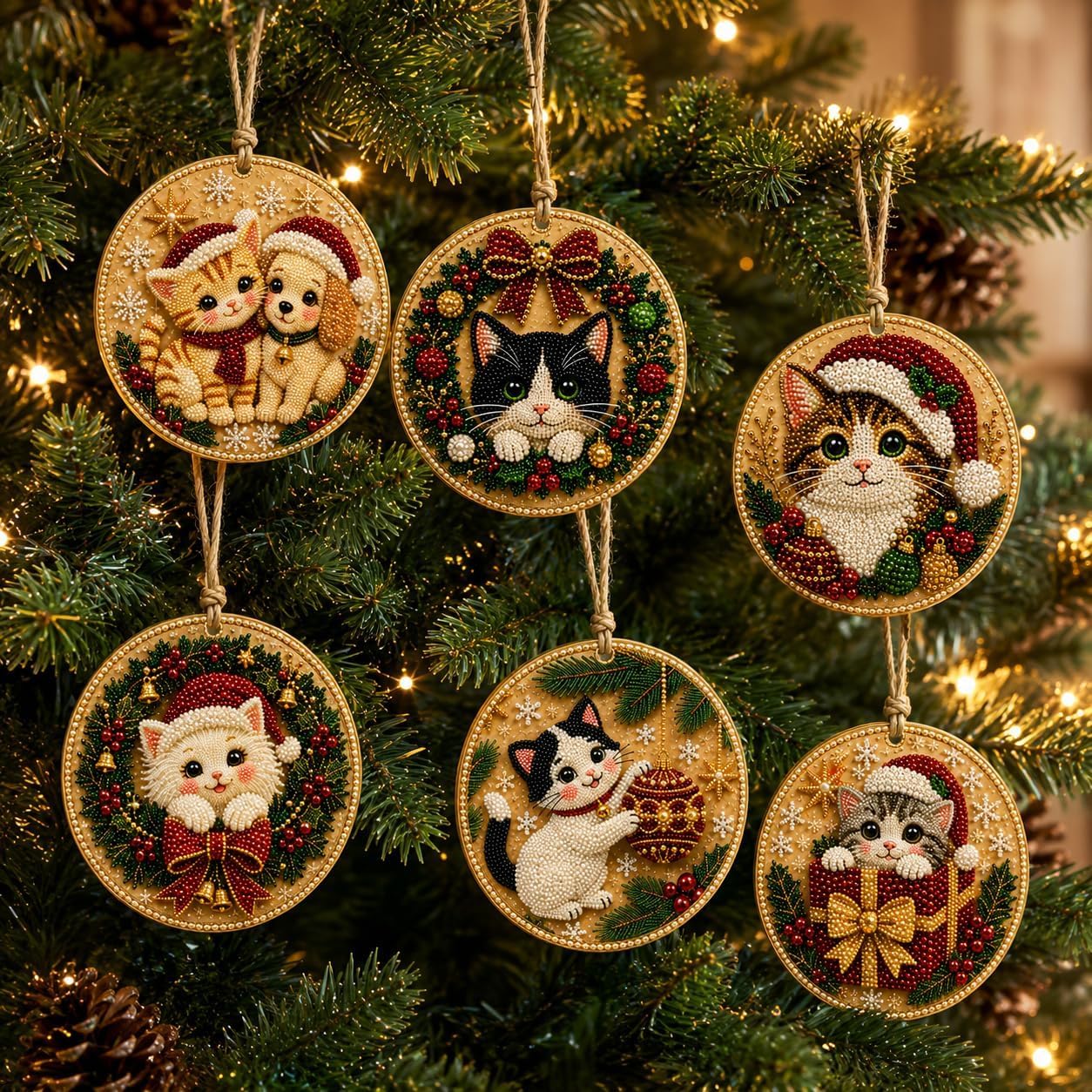 BibHoly 6PCS Christmas Wooden Ornaments DIY Pearl Diamond Painting Kit (#D)
