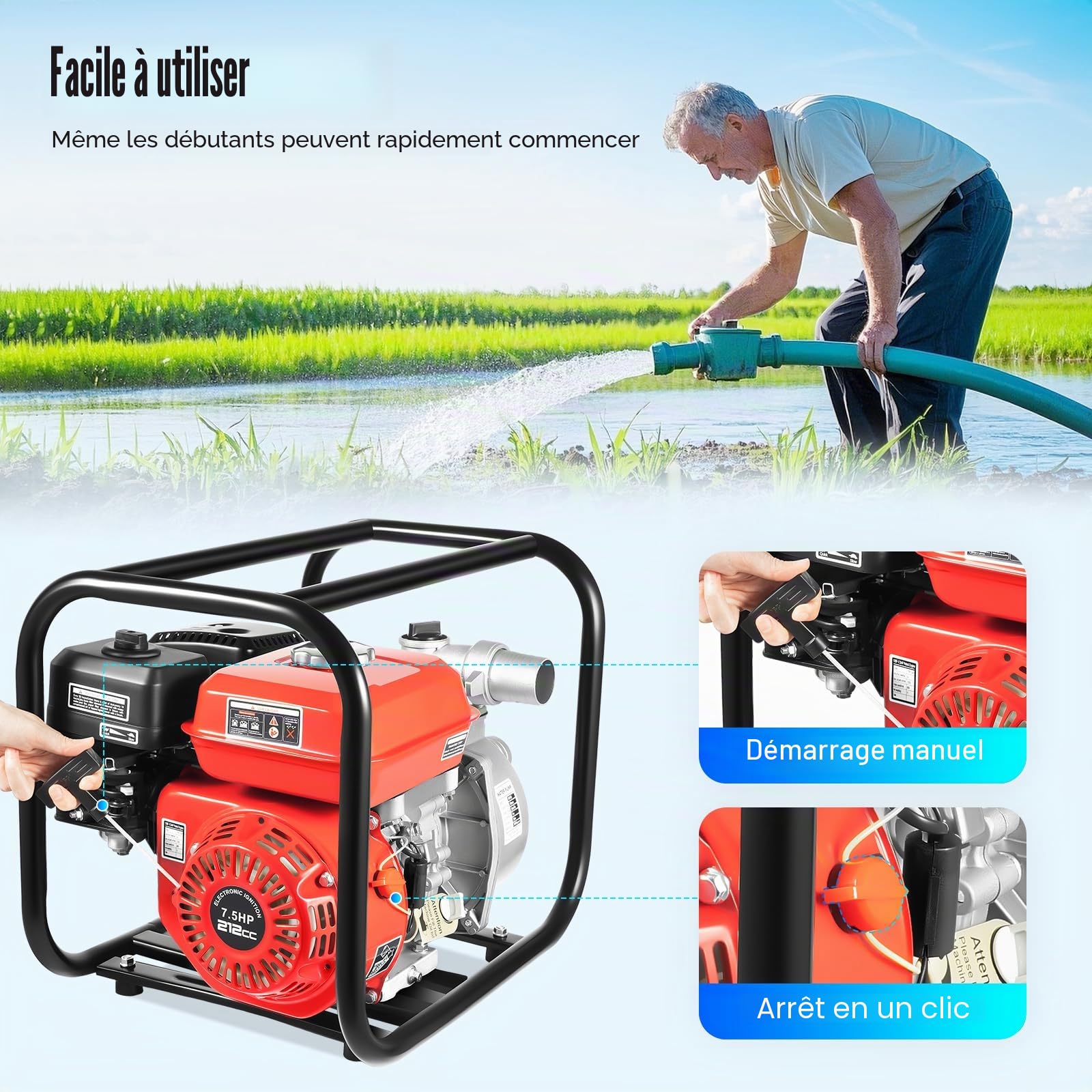 7,5 CV Pompe à Eau Thermique Eaux Usées Motopompe 4 Temps Essence | 26 m³/h, Hauteur de Refoulement 30 m, Raccord 50 mm (2″), pour Drainage, Irrigation, Lavage et Arrosage