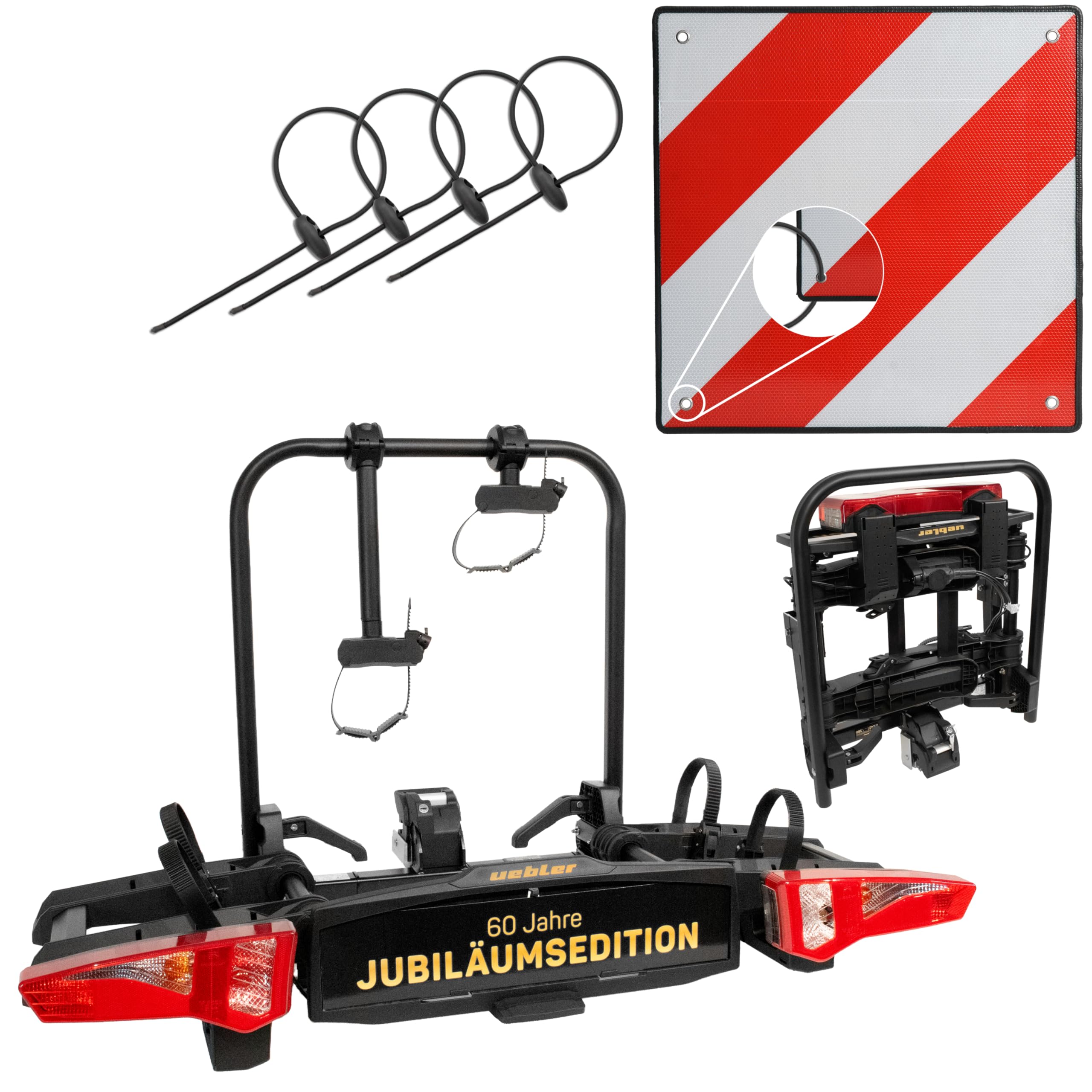 Uebler Fahrradträger i21 Z 60° Jubiläumsedition für 2 Fahrräder Auto Kupplungsträger klappbar E-Bike MTB inklusive reflektierende Warntafel 50x50cm + 4 Spanngummis