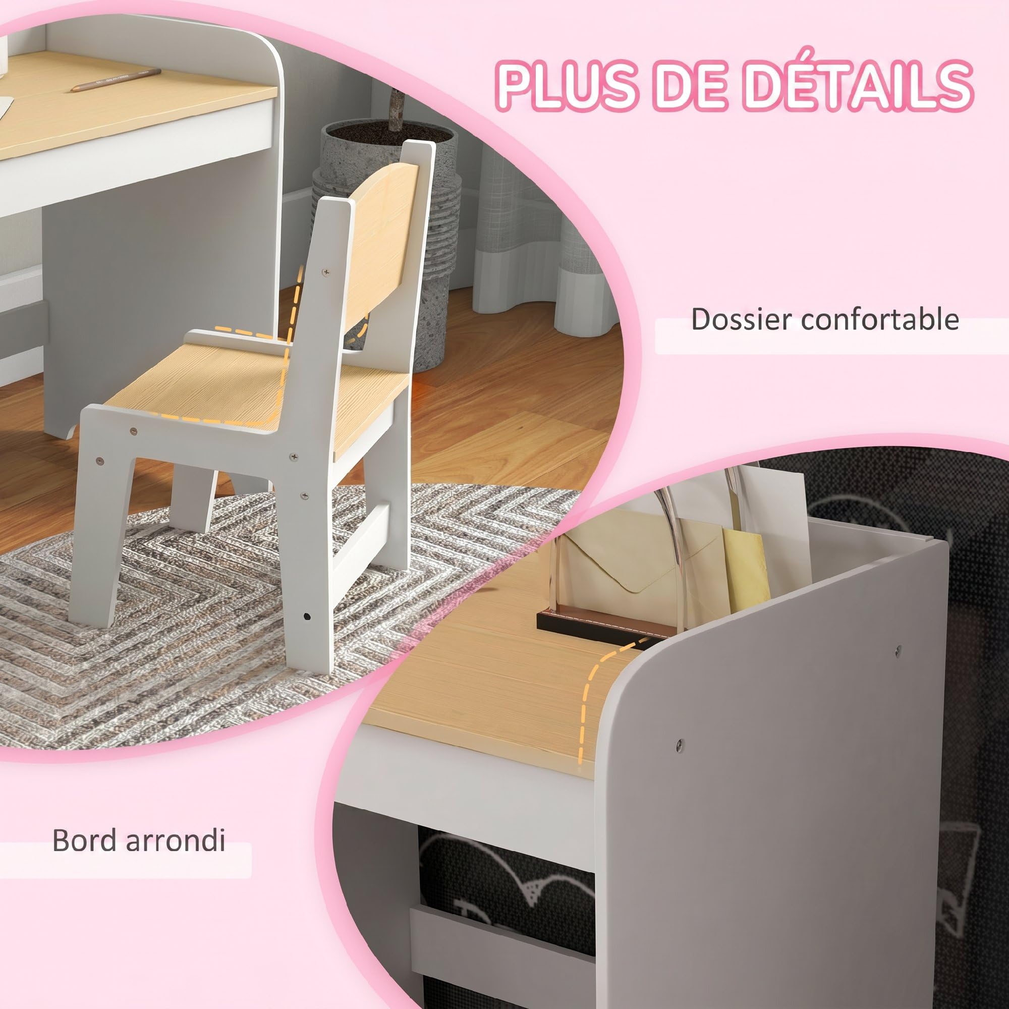 ZONEKIZ Bureau Enfant avec Chaise 3 à 6 Ans 80 x 39 x 59 cm Blanc