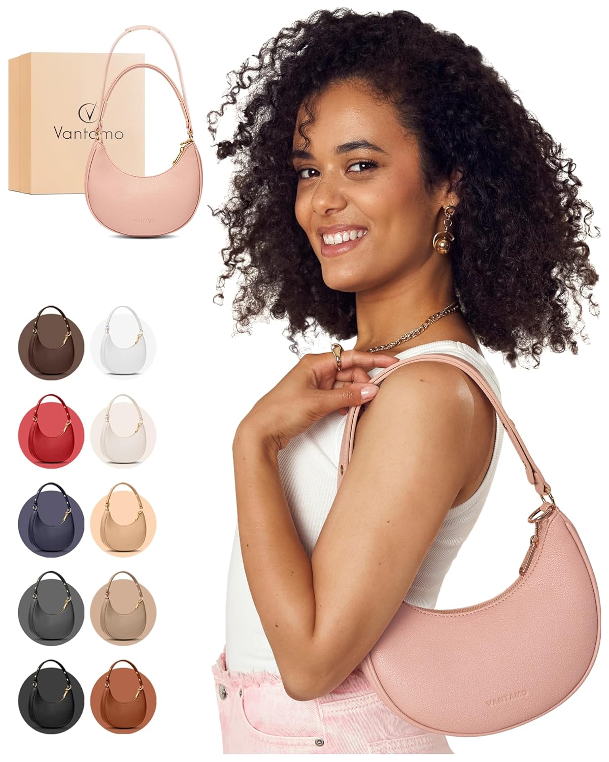 Half Moon Bag for Women - Faux Leather Half Moon Bag with RFID Anti-Theft and Adjustable Shoulder Strap - Luna Bag with Gold Zippers and Clip to Protect Against Pickpockets